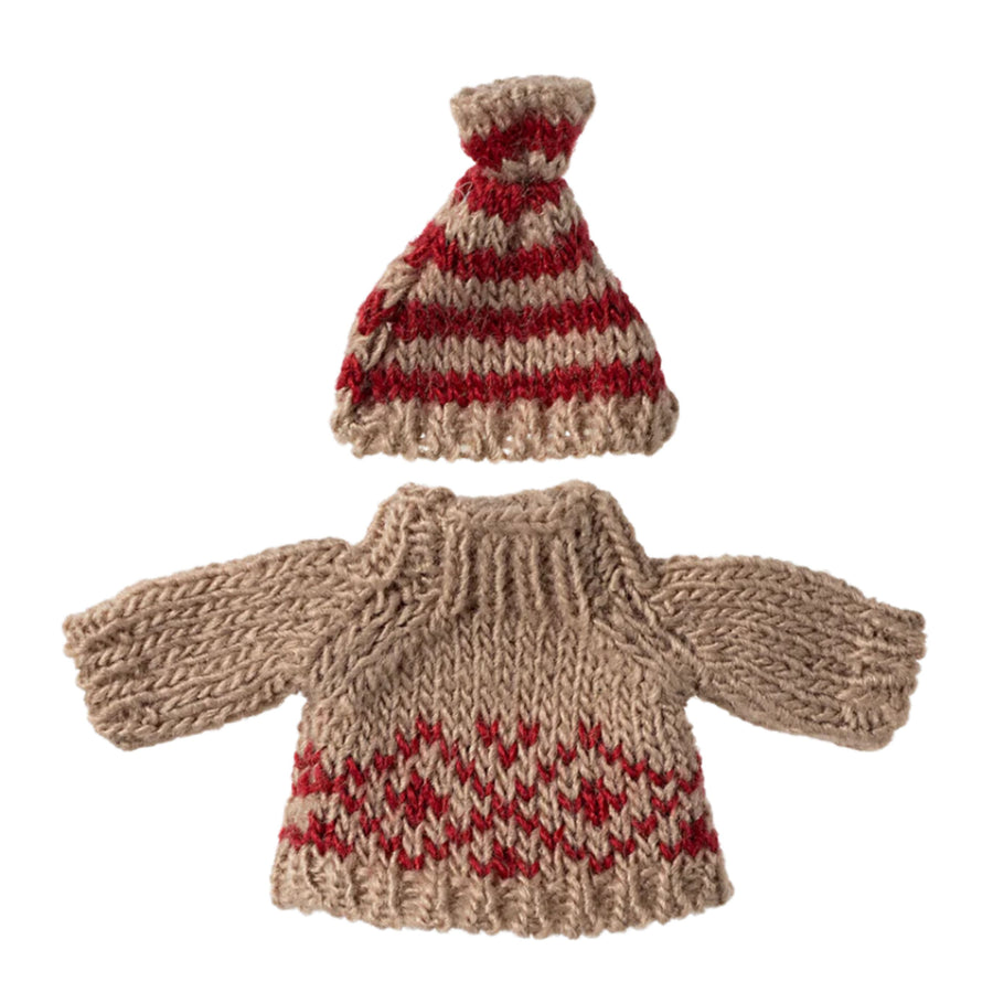 Maileg Knitted Sweater and Hat - Red (Mum Mouse)
