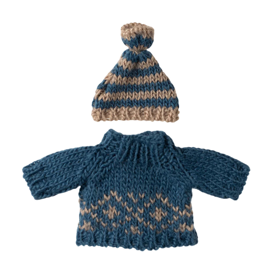 Maileg Knitted Sweater and Hat  - Blue (Dad Mouse)