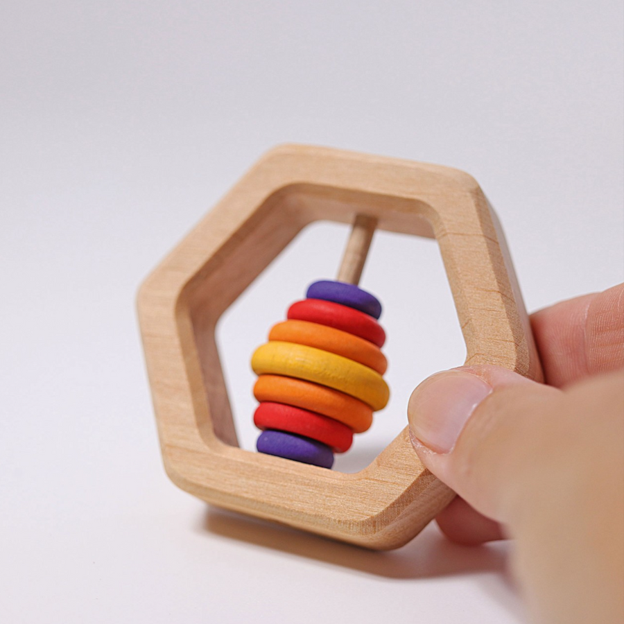Grimm's Wooden Hexagon Rattle (Red, Yellow, Purple Discs)
