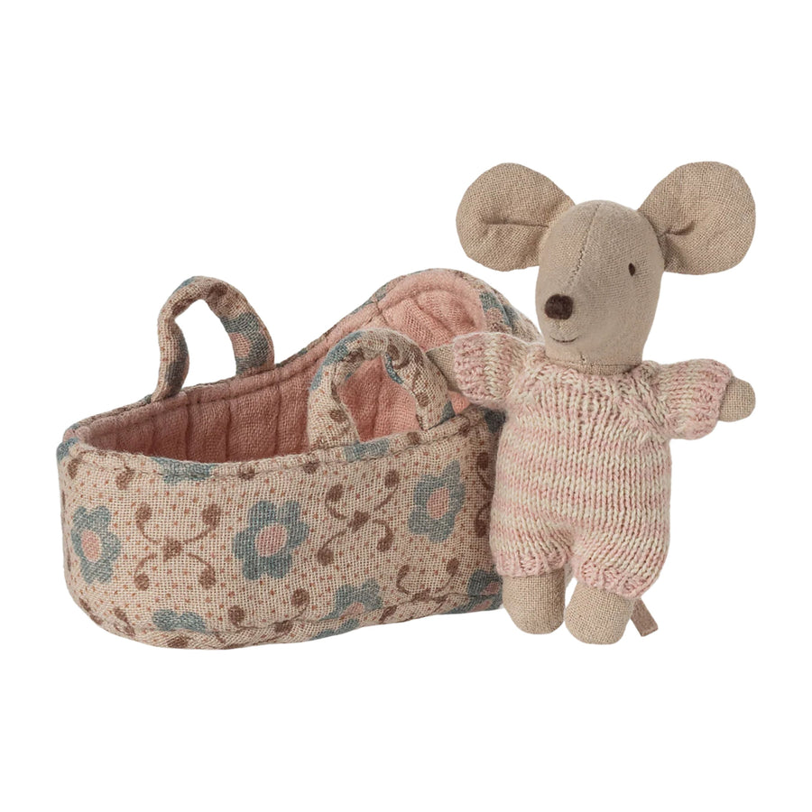Maileg Baby Mouse in Carry Cot (Rose)
