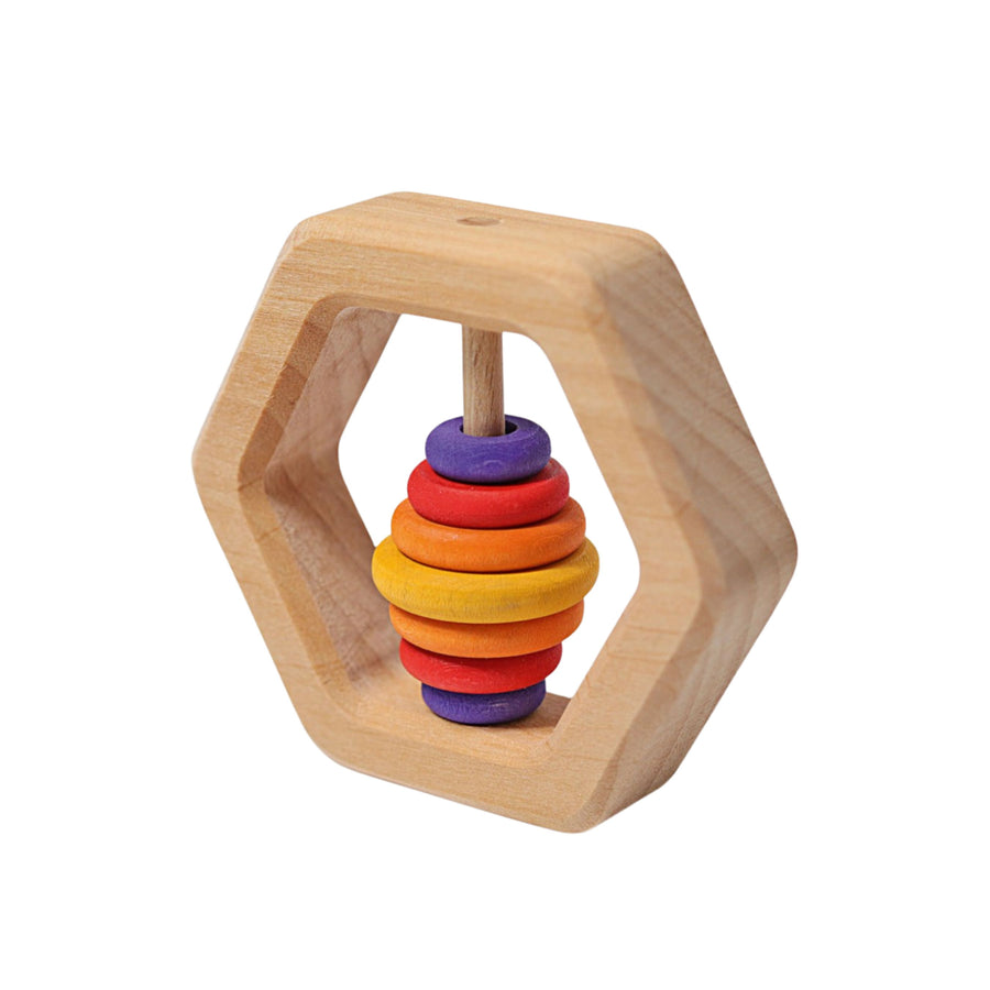 Grimm's Wooden Hexagon Rattle (Red, Yellow, Purple Discs)