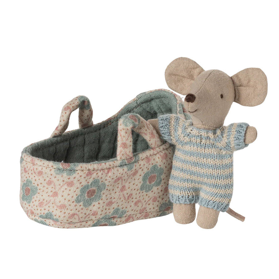 Maileg Baby Mouse in Carry Cot (Blue)