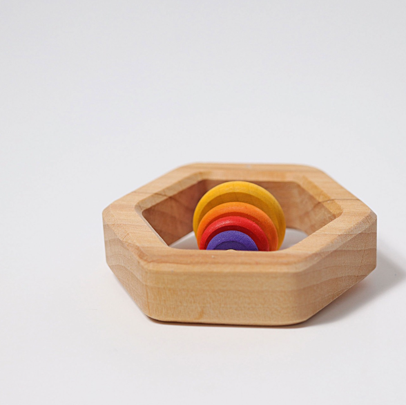 Grimm's Wooden Hexagon Rattle (Red, Yellow, Purple Discs)