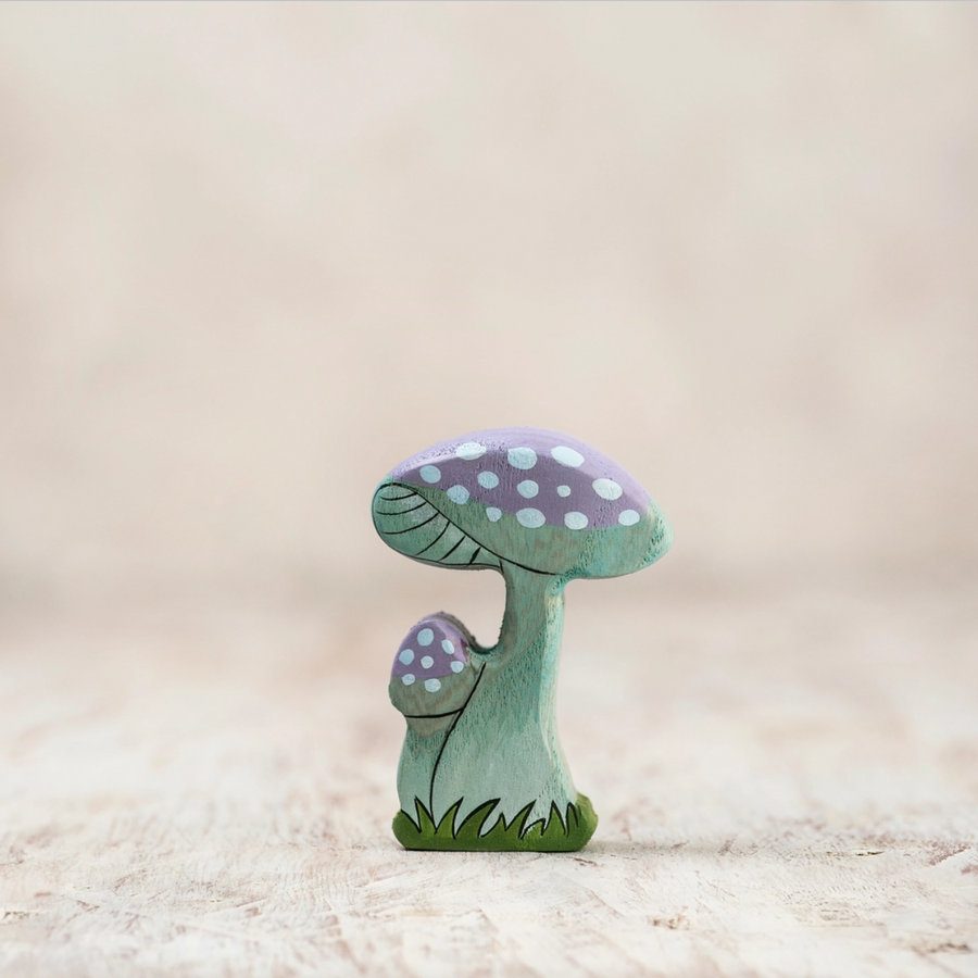 Wooden Caterpillar Whimsical Blue Fairy Mushrooms