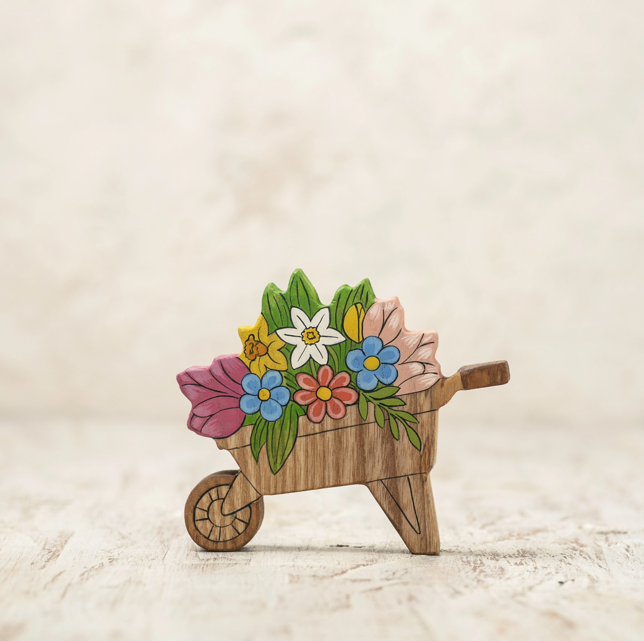 Wheelbarrow with Spring Flowers | Wooden Toy Figurine