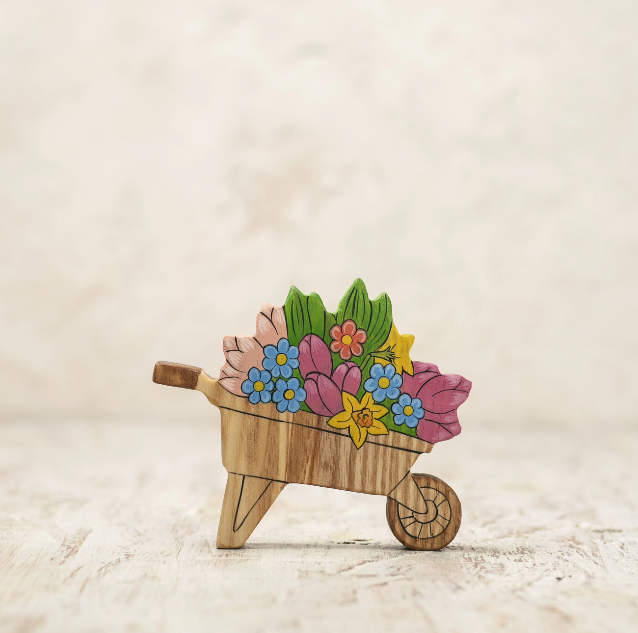 Wheelbarrow with Spring Flowers | Wooden Toy Figurine