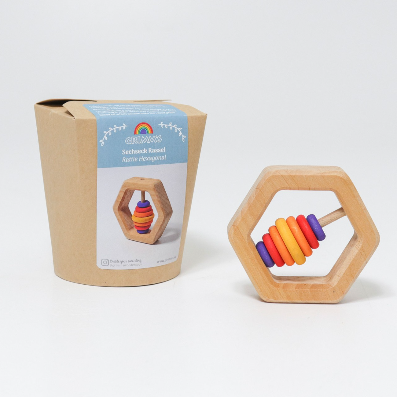 Grimm's Wooden Hexagon Rattle (Red, Yellow, Purple Discs)