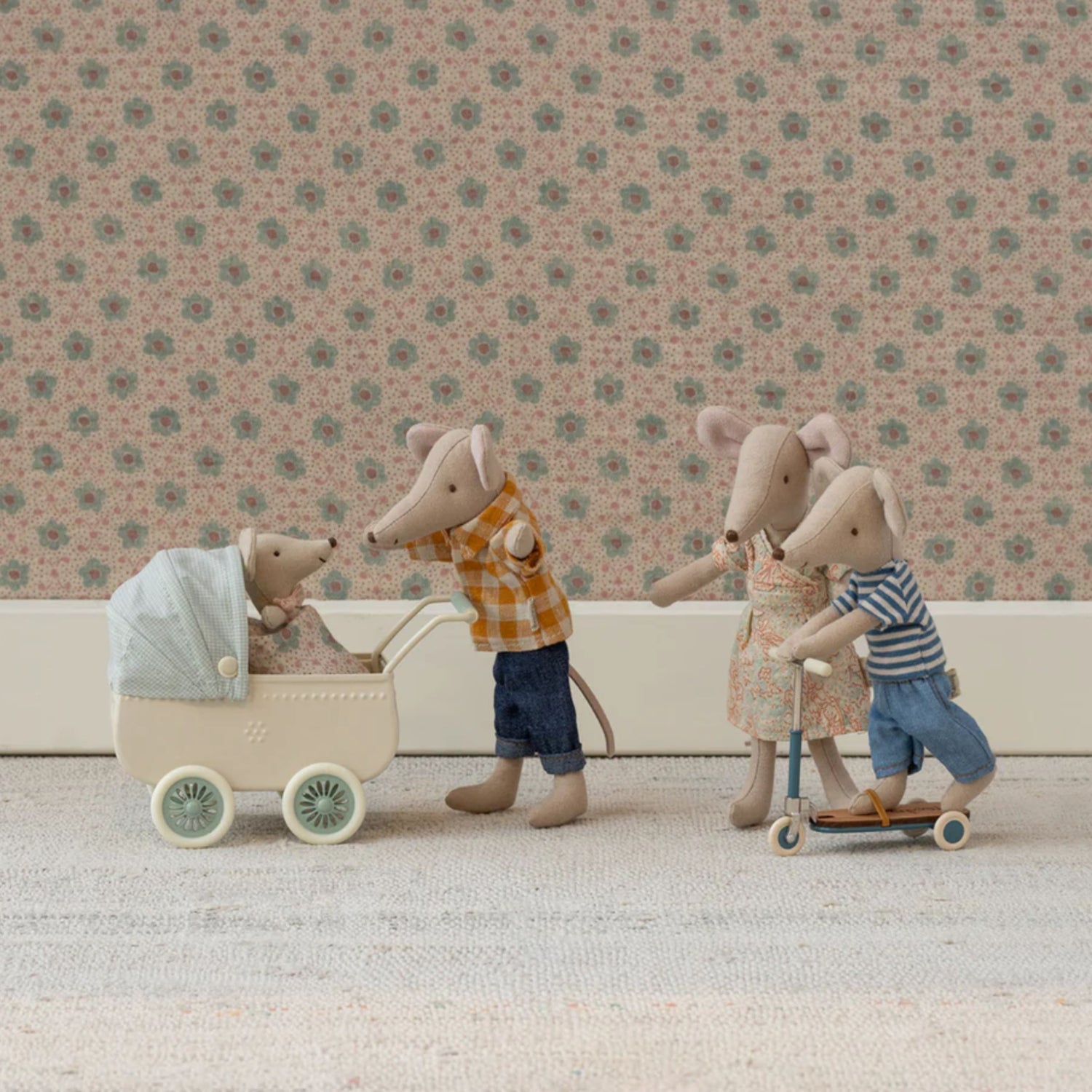 Maileg Pram with Baby Mouse (Mint)