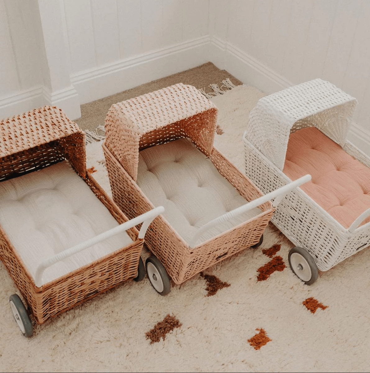 Olli Ella Rattan Cotton Strolley Mattress (Oat) by Olli Ella Natural Hand-Woven Rattan Basket on Wheels | Sustainable Rattan Toys | The Playful Peacock
