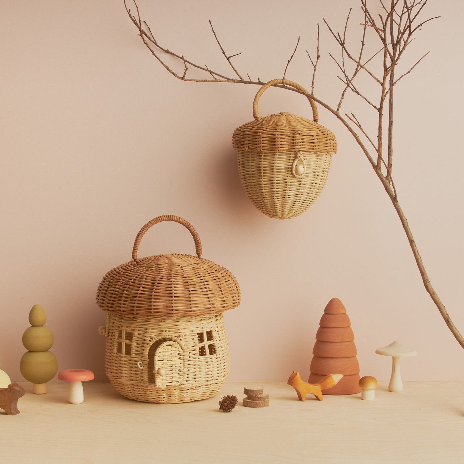 Olli Ella Rattan Rattan Acorn Basket by Olli Ella Pink Musk Rattan Mushroom Basket | Rattan Baskets for Children
