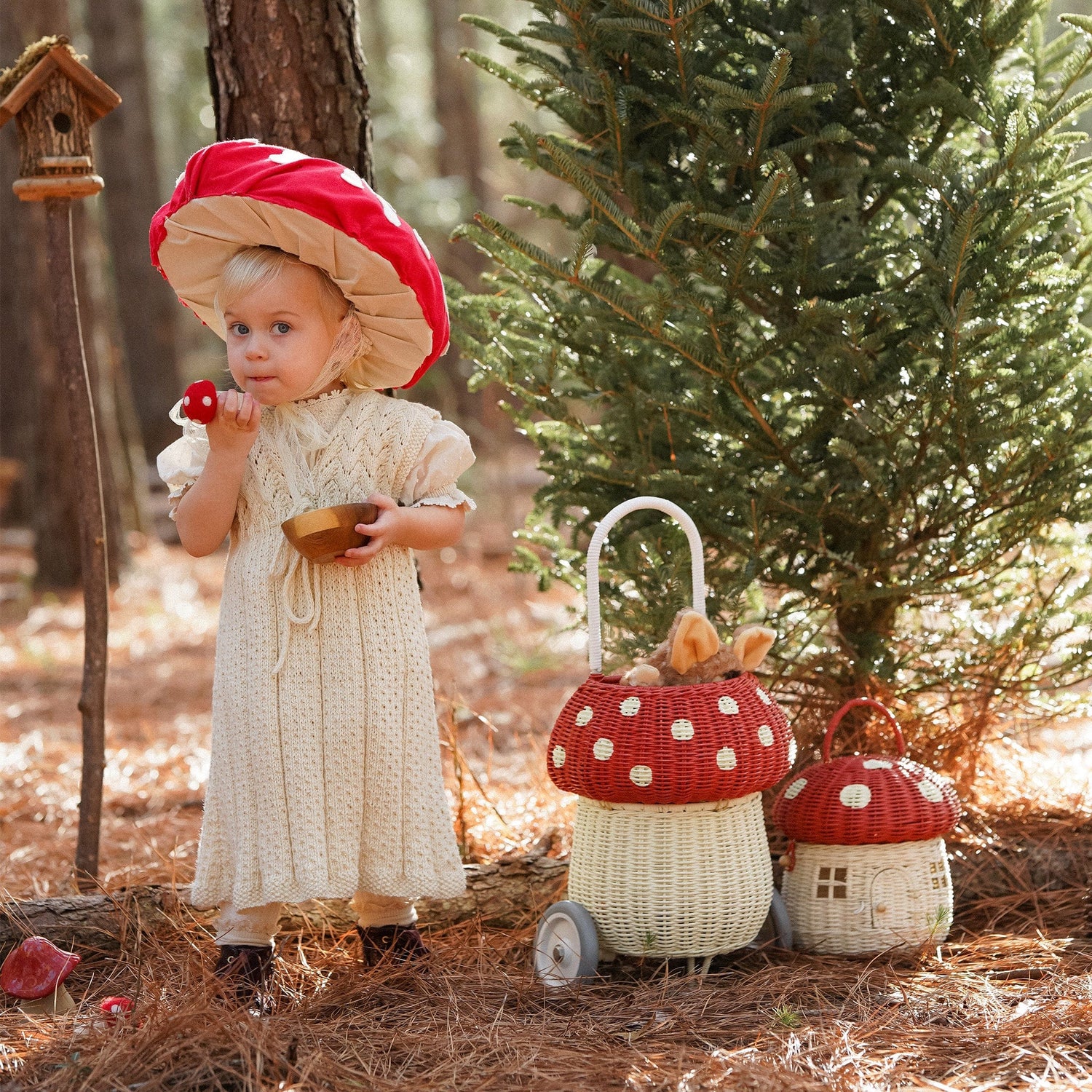 Olli Ella Rattan Rattan Mushroom Luggy (Red) by Olli Ella Olli Ella Red & White Rattan Mushroom Luggy I Rattan Nursery Decor