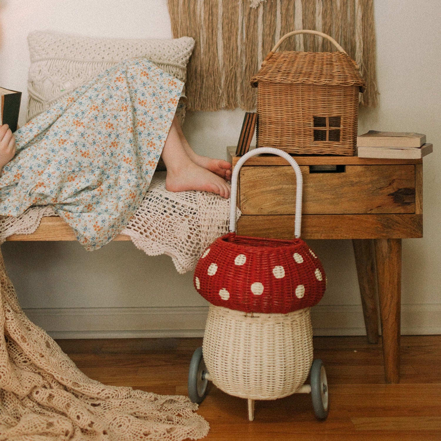 Olli Ella Rattan Rattan Mushroom Luggy (Red) by Olli Ella Olli Ella Red & White Rattan Mushroom Luggy I Rattan Nursery Decor