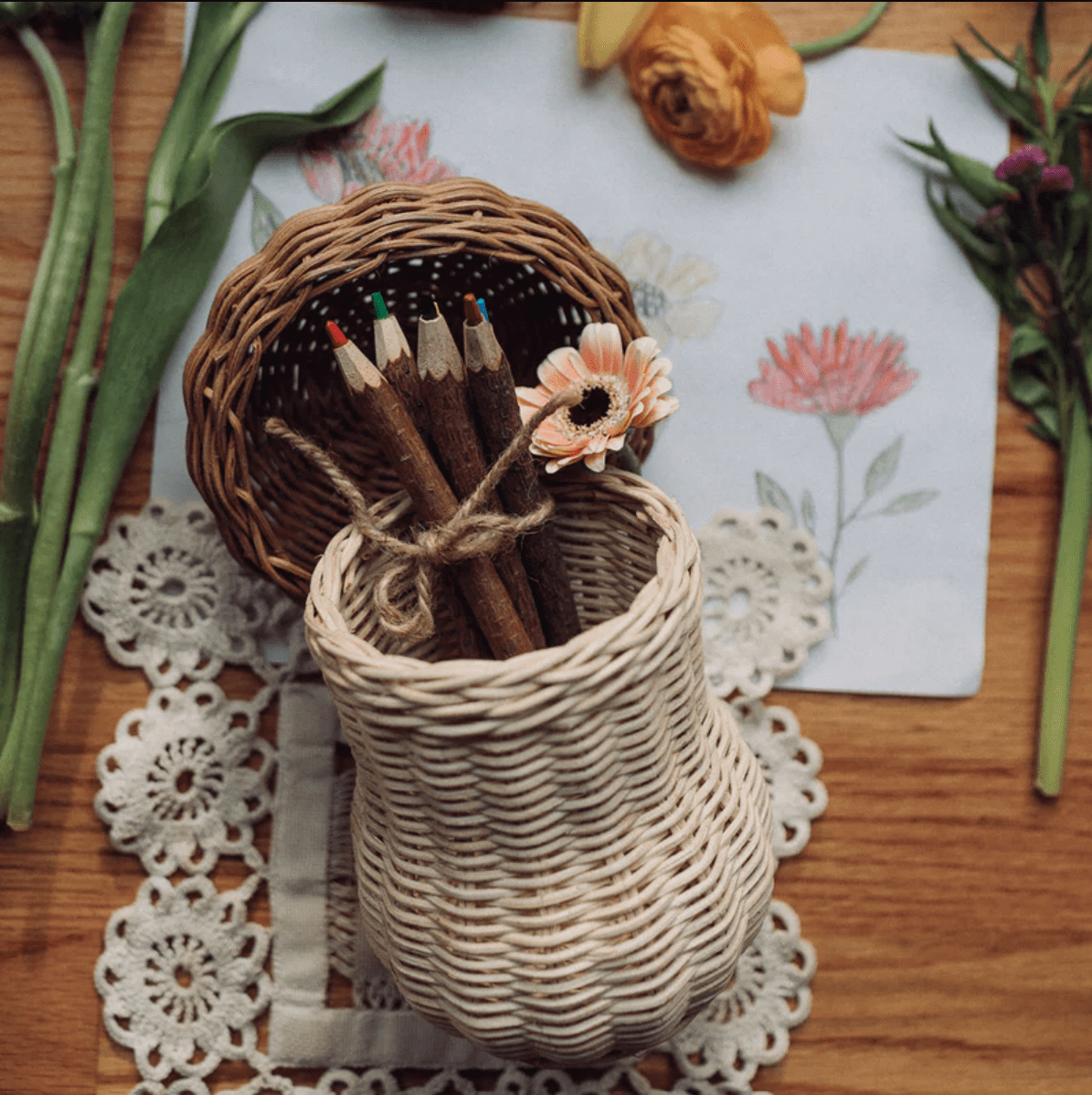 Olli Ella Rattan Rattan Porcini Mushroom Basket with Twig Pencils by Olli Ella Red & Cream Rattan Mushroom Basket | Handmade Natural Toys | The Playful Peacock