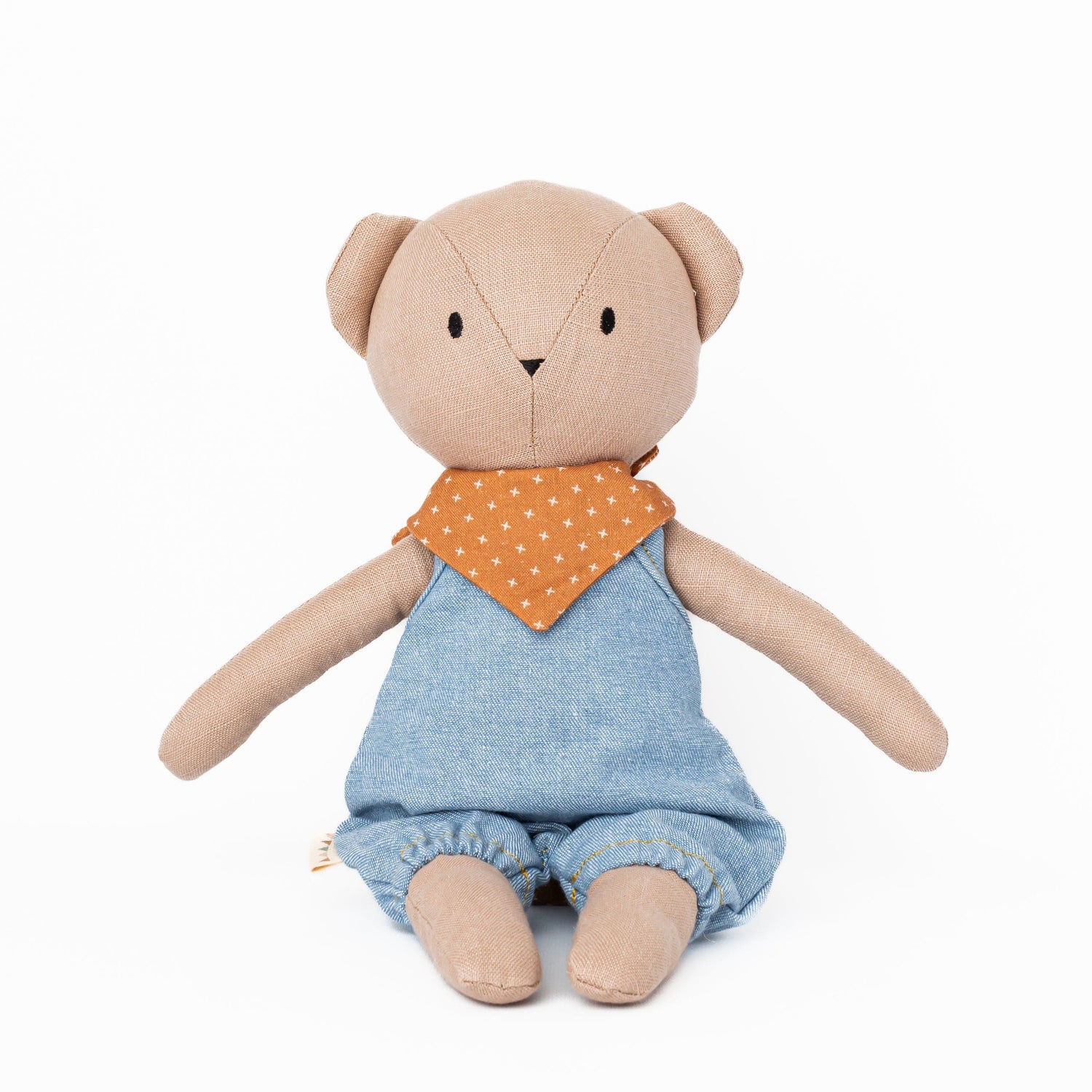 Huggabeau Soft Toys Huggabeau Sandy Bear in Blue Harem Romper & Swedish Cross Handkerchief (Handmade in Canada) Huggabeau Sandy Bear in Blue Harem Romper & Swedish Cross Handkerchief