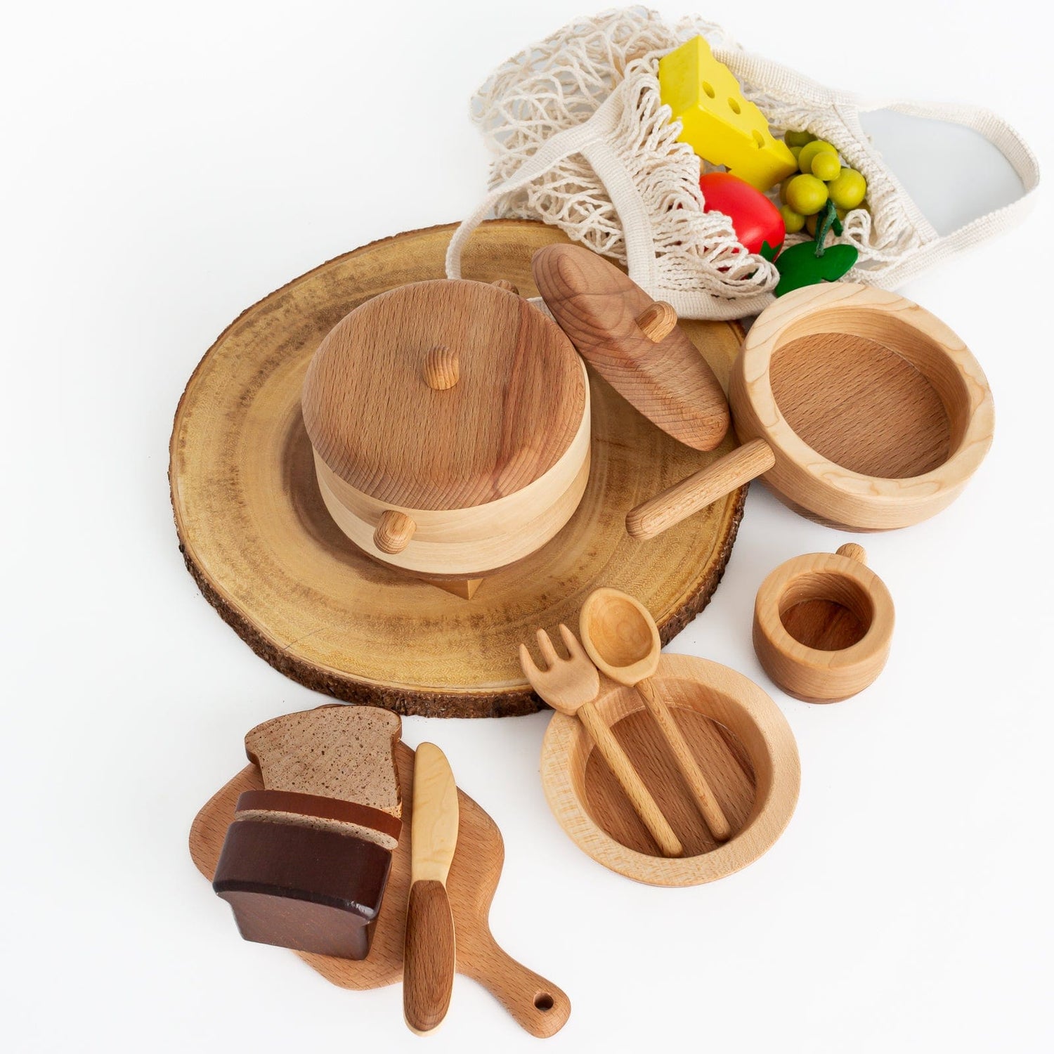 Tateplota Wooden Toys Handmade Wooden Set of Play Dishes