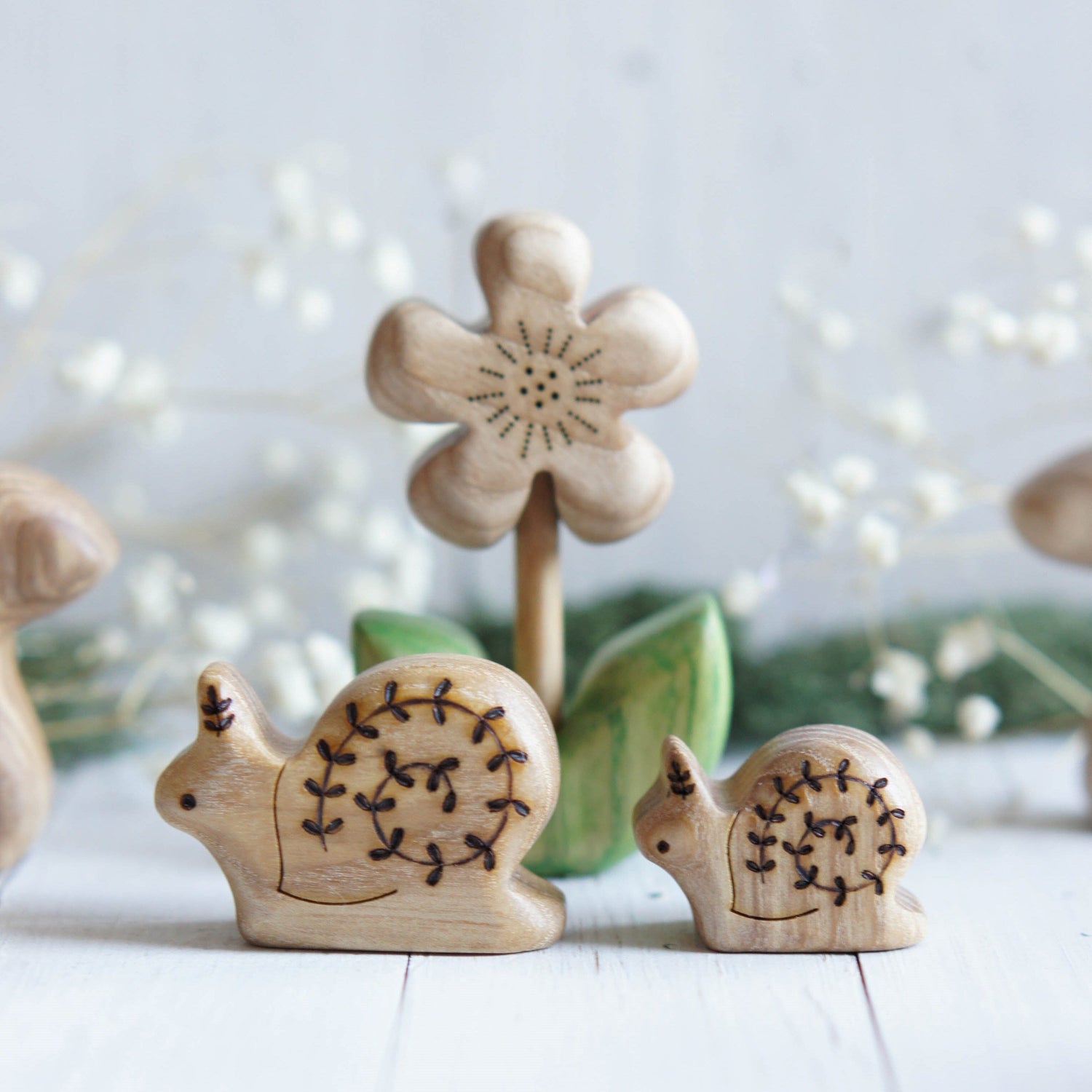 Tiny Fox Hole Wooden Animals Handmade Pair of Wooden Snails