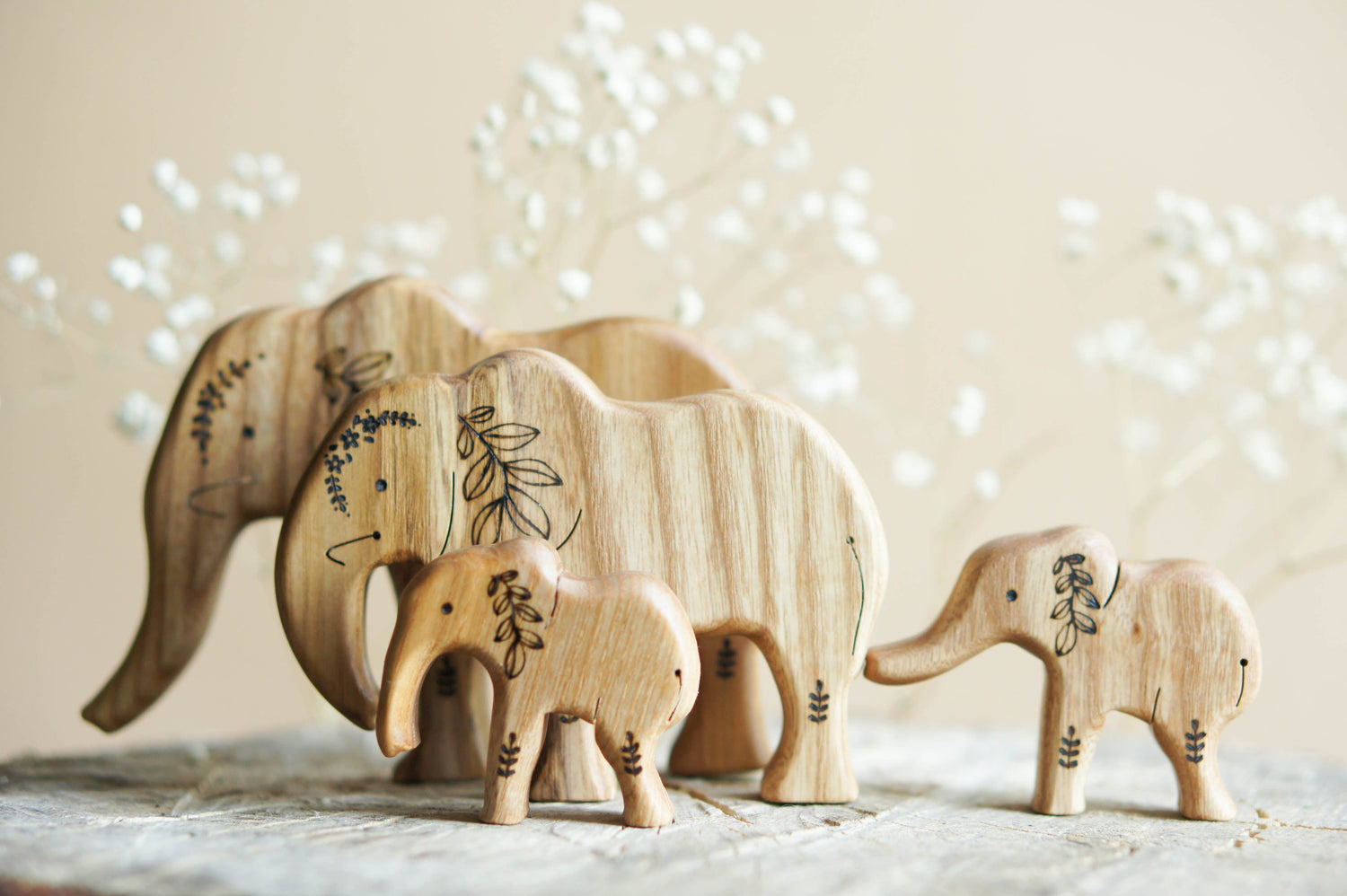 Tiny Fox Hole Wooden Animals Handmade Wooden Set of Elephants (set of 4)