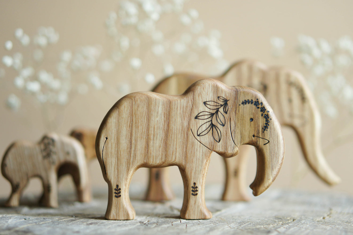 Tiny Fox Hole Wooden Animals Handmade Wooden Set of Elephants (set of 4)