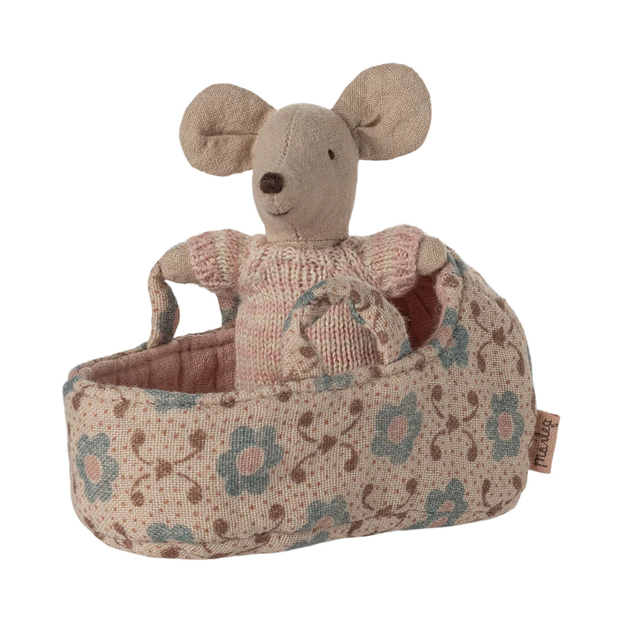 PRE-ORDER Maileg Baby Mouse in Carry Cot (Rose)