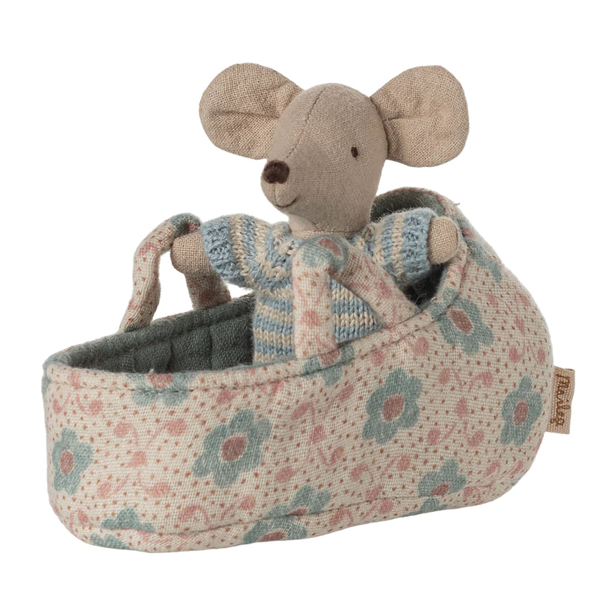 PRE-ORDER Maileg Baby Mouse in Carry Cot (Blue)