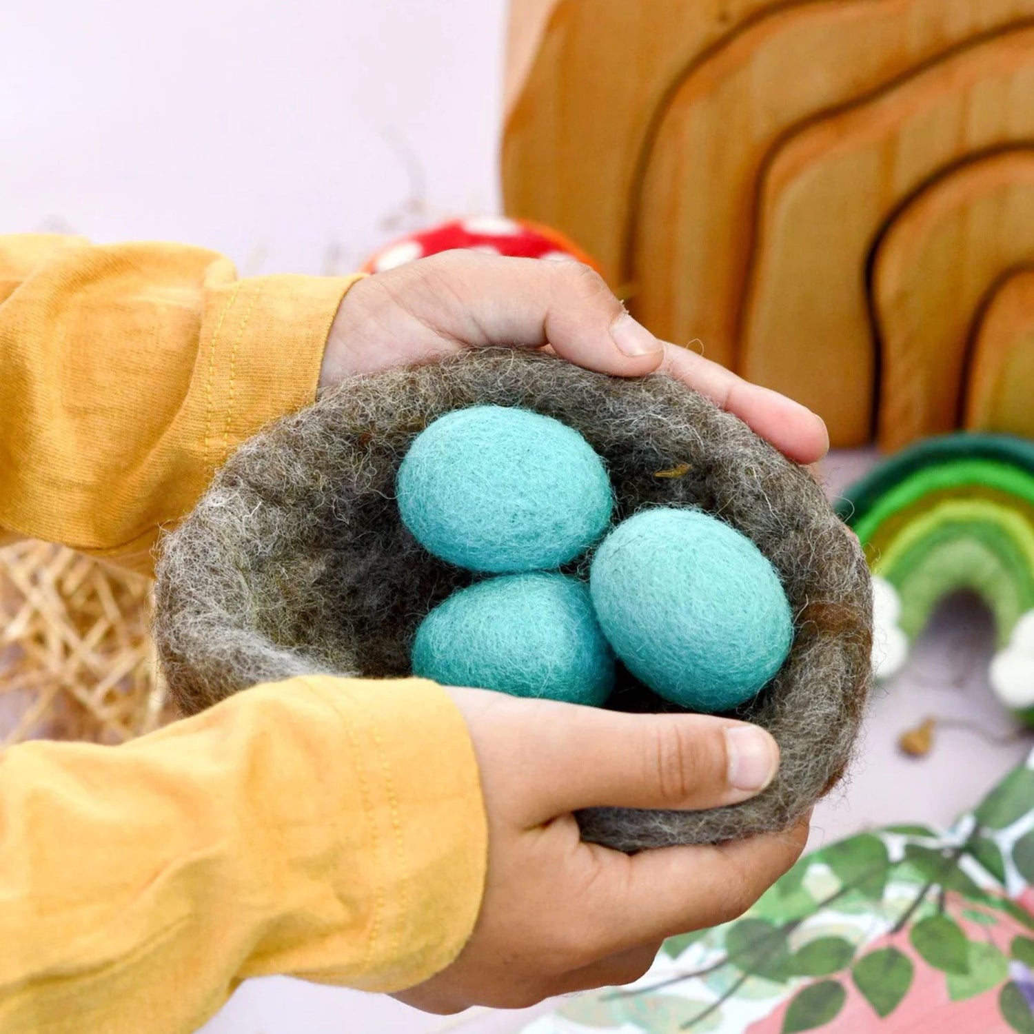 Felt Toy Nest With 3 Blue Robin Eggs