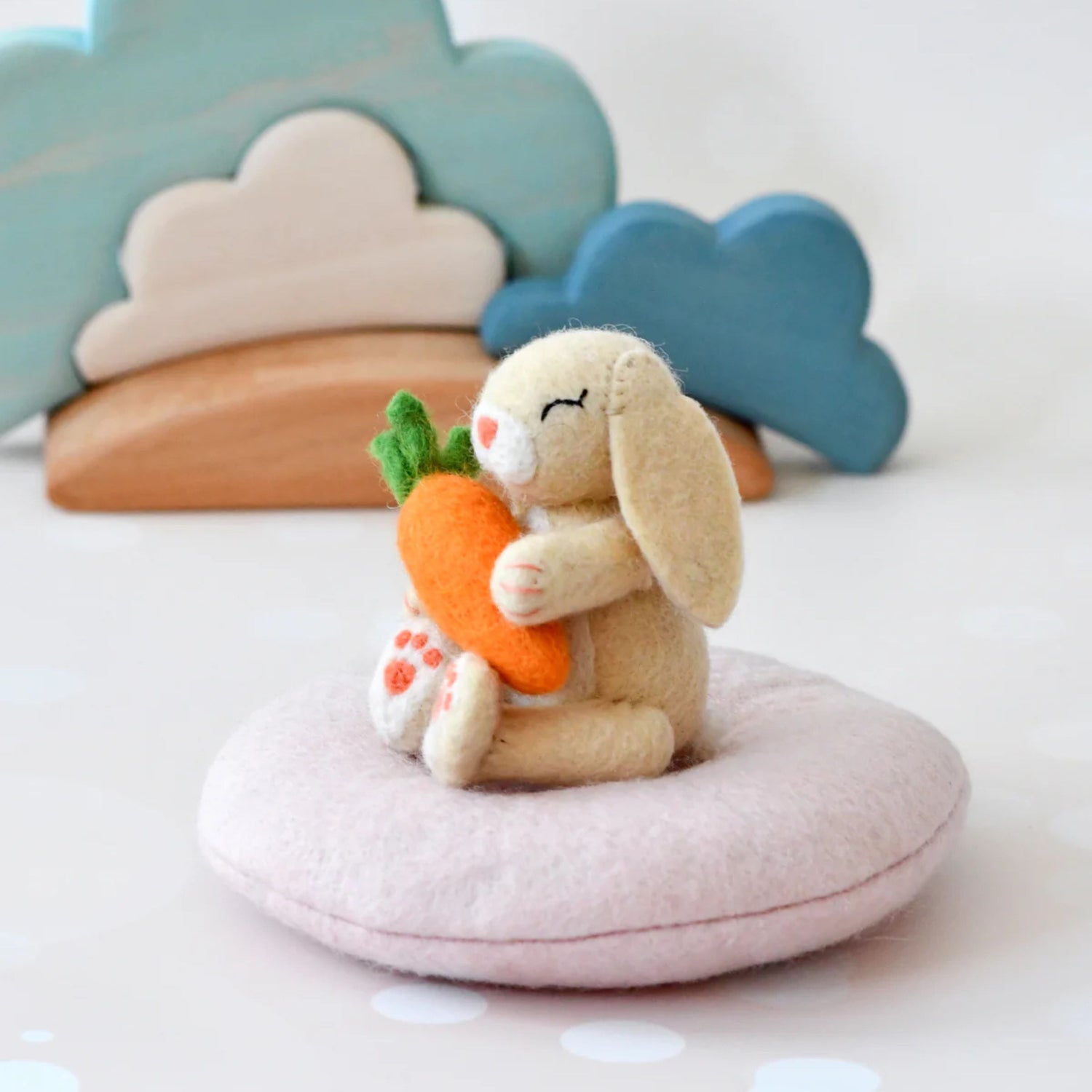 Felt Bunny Rabbit with Carrot on Cushion