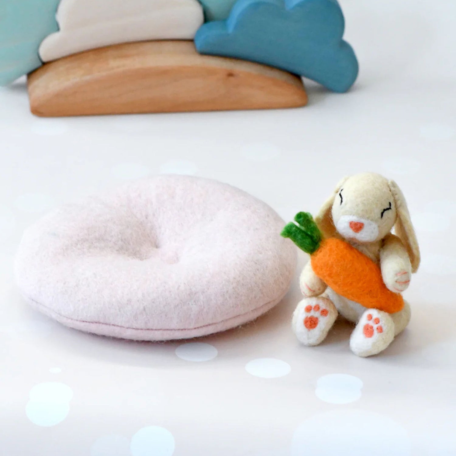 Felt Bunny Rabbit with Carrot on Cushion
