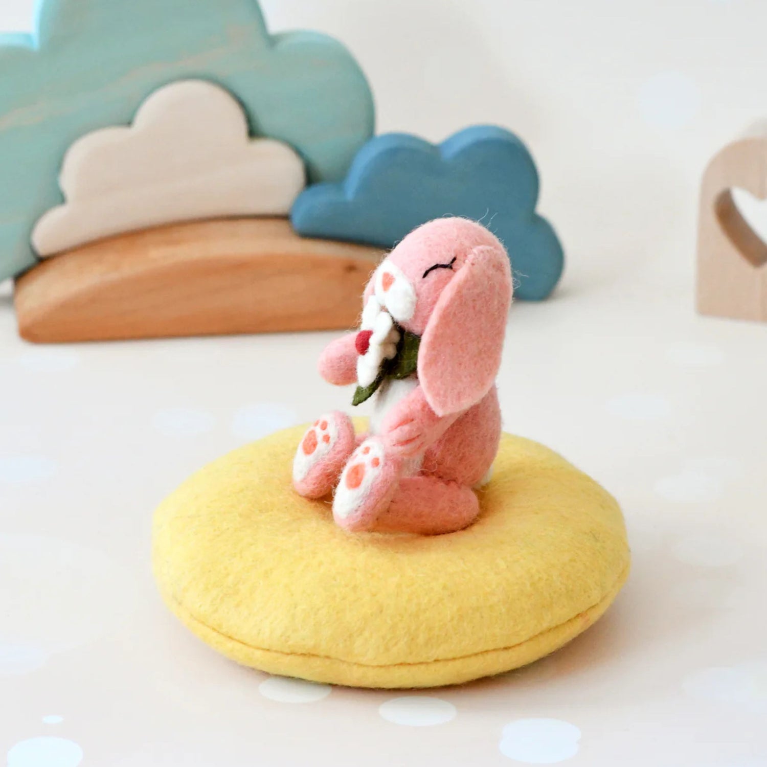 Felt Bunny Rabbit with Flower on Cushion
