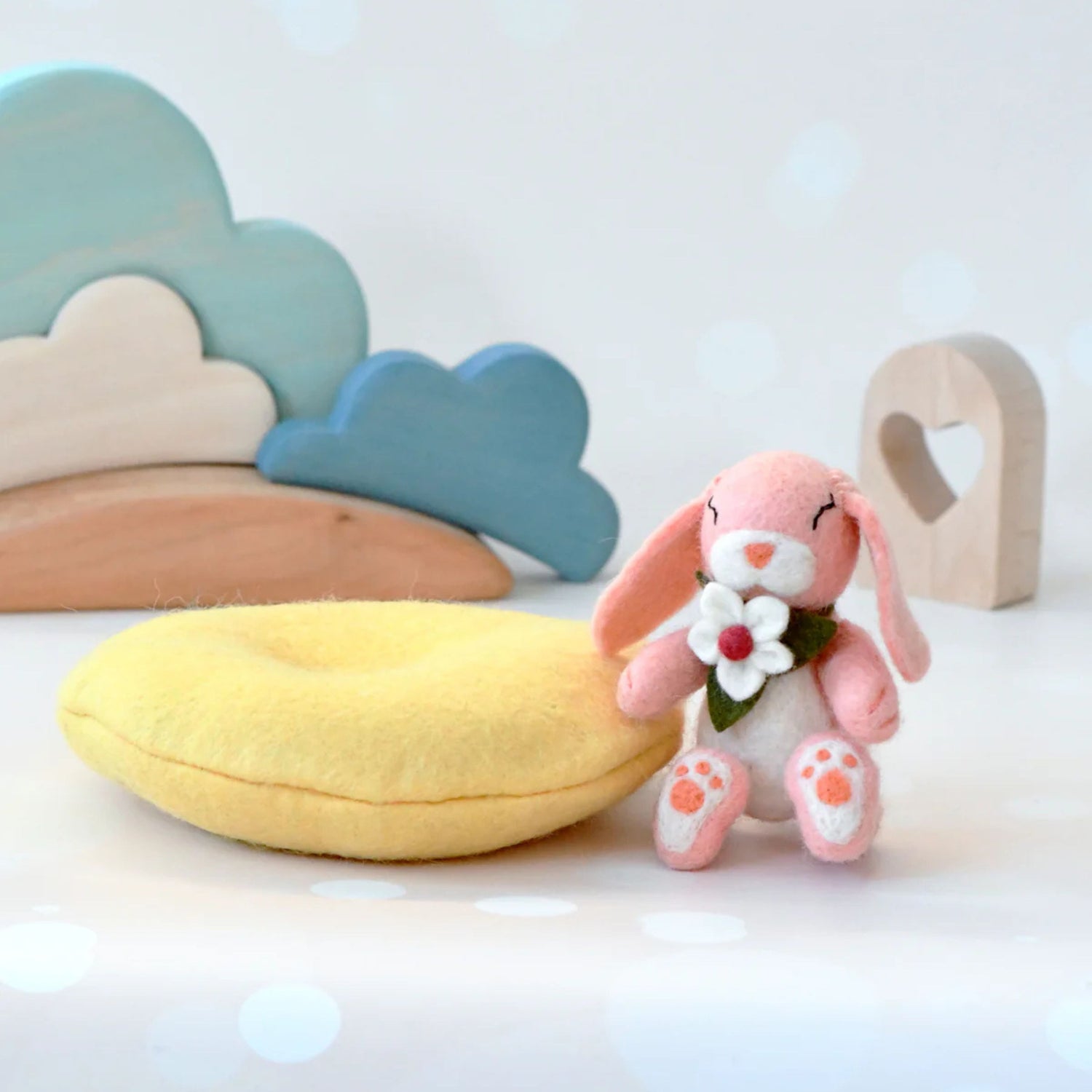 Felt Bunny Rabbit with Flower on Cushion