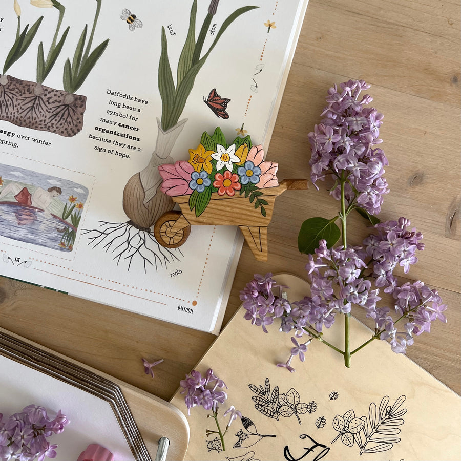 Wheelbarrow with Spring Flowers | Wooden Toy Figurine