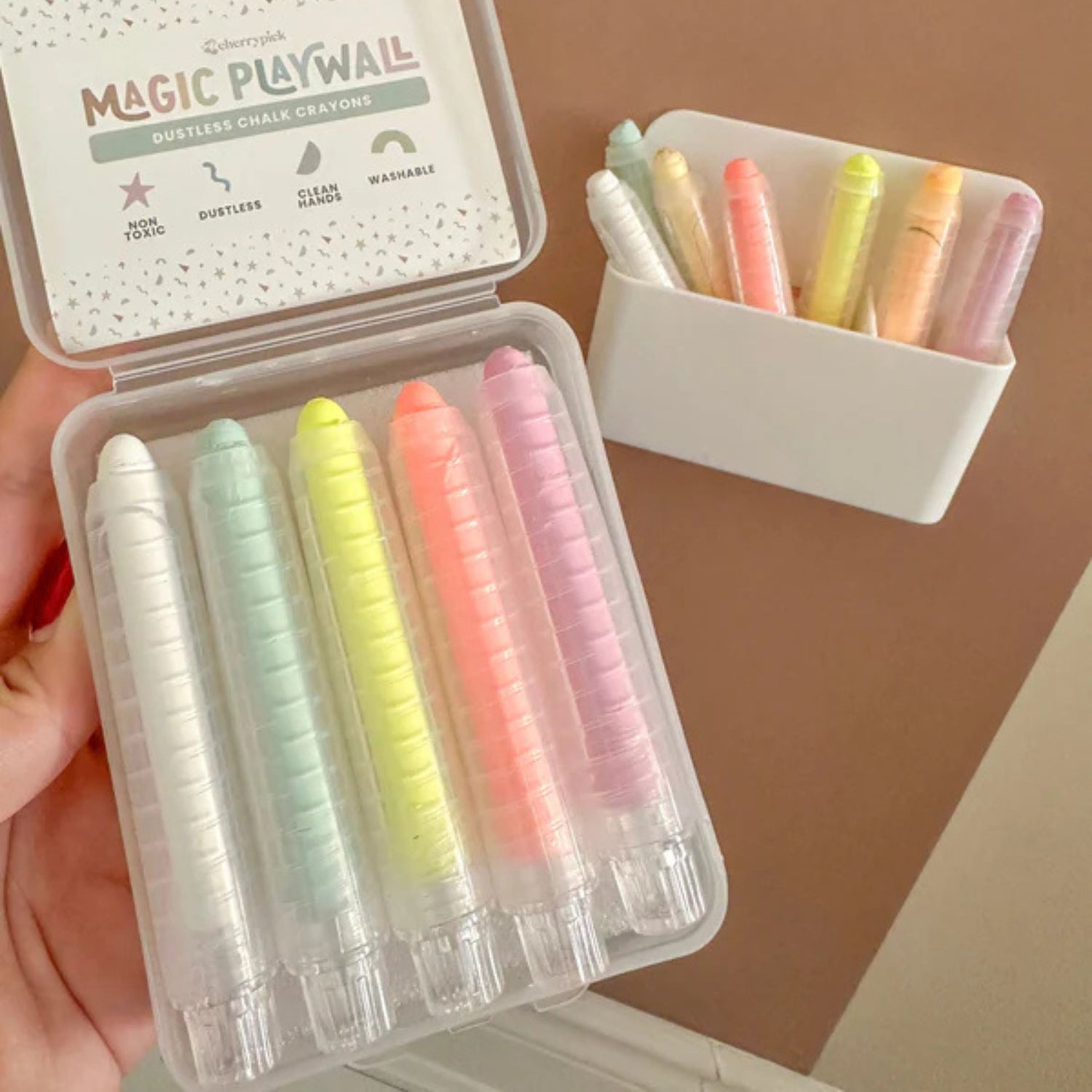 Dustless Chalk Crayons + Magnetic Holder Bundle for Magic Playwall (Neon)