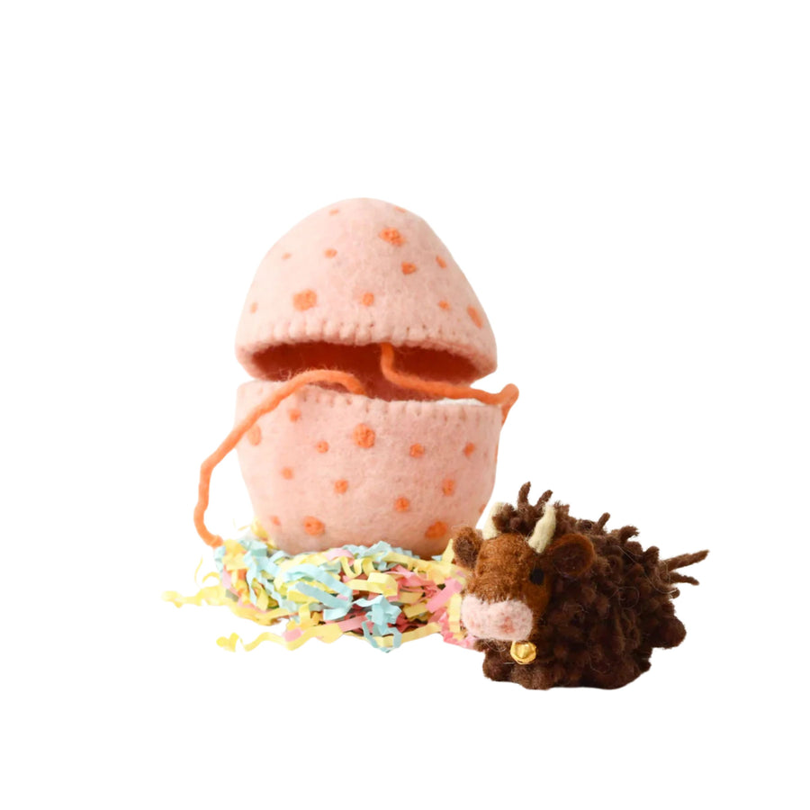 Felt Peach Surprise Egg with Dark Brown Highland Cow