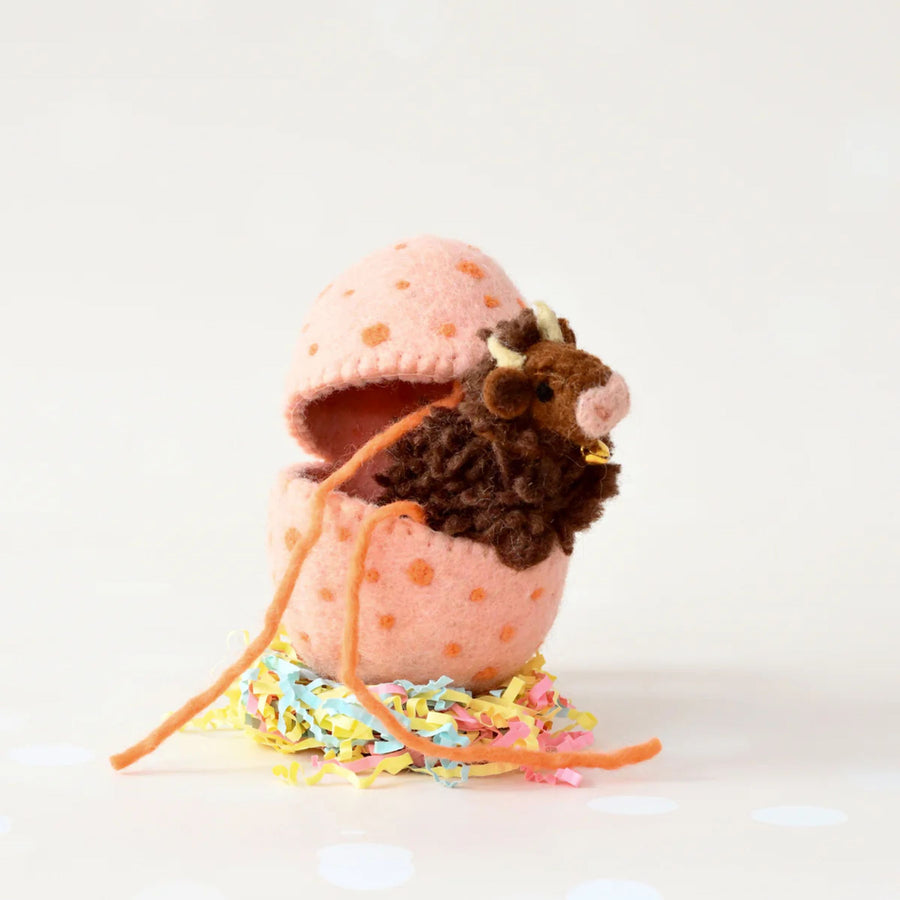 Felt Peach Surprise Egg with Dark Brown Highland Cow