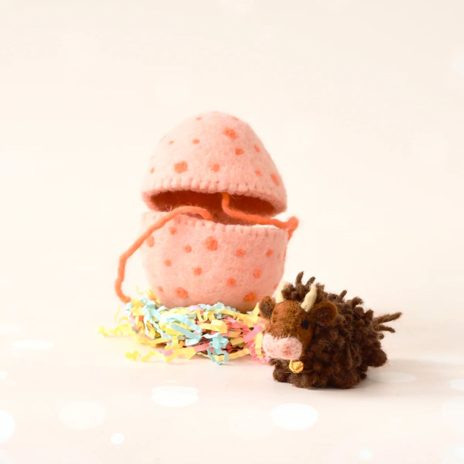 Felt Peach Surprise Egg with Dark Brown Highland Cow