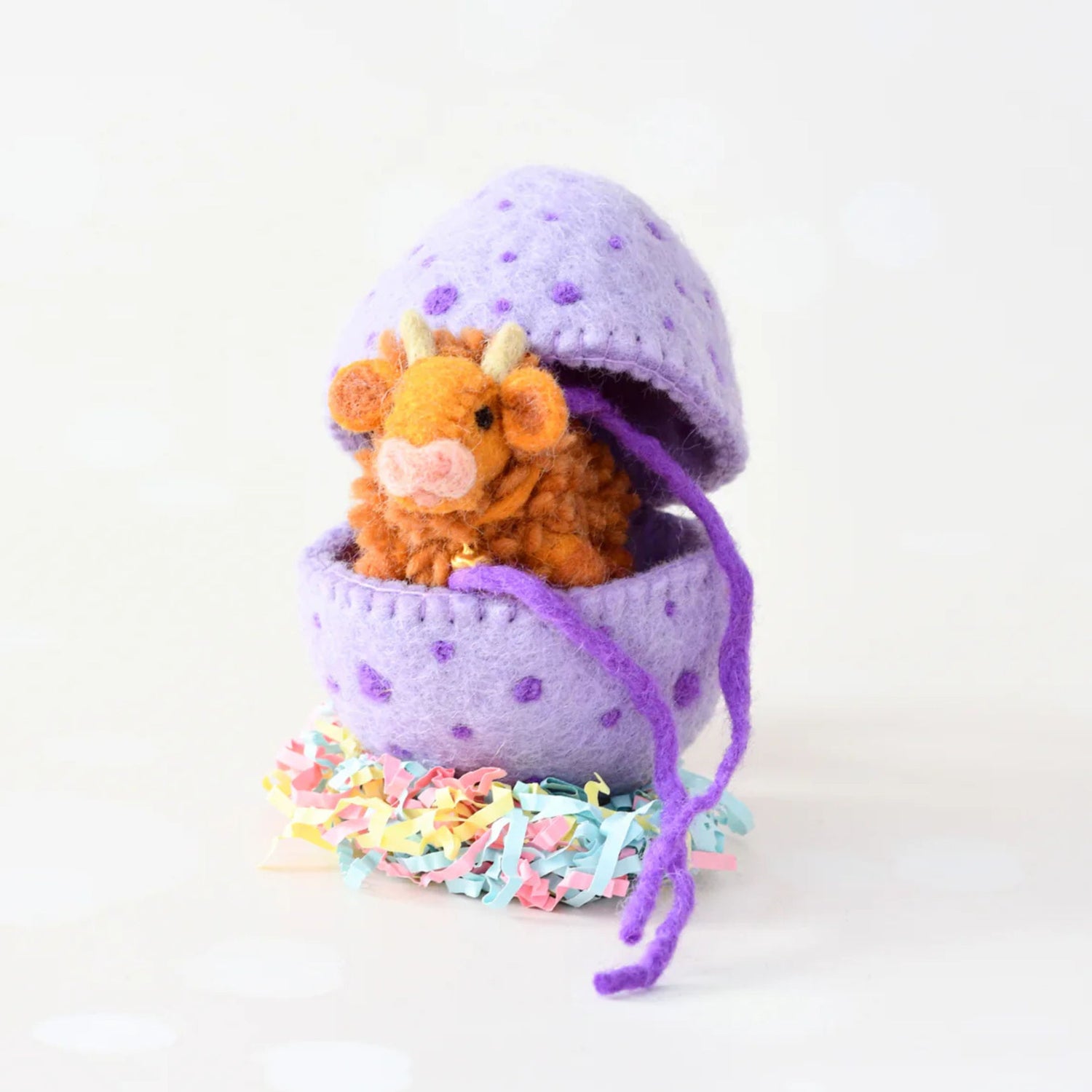 Felt Purple Surprise Egg with Light Brown Highland Cow