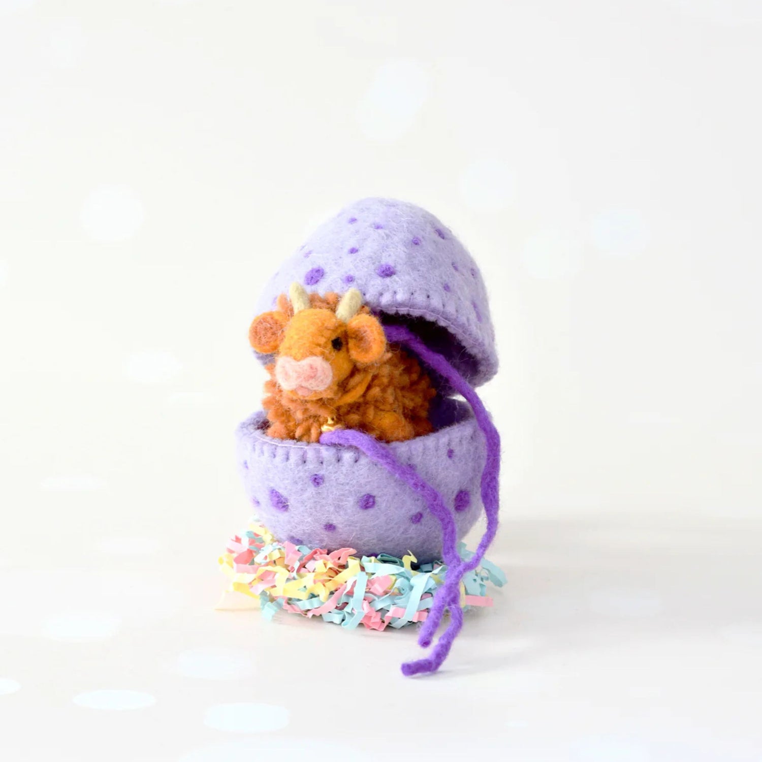 Felt Purple Surprise Egg with Light Brown Highland Cow