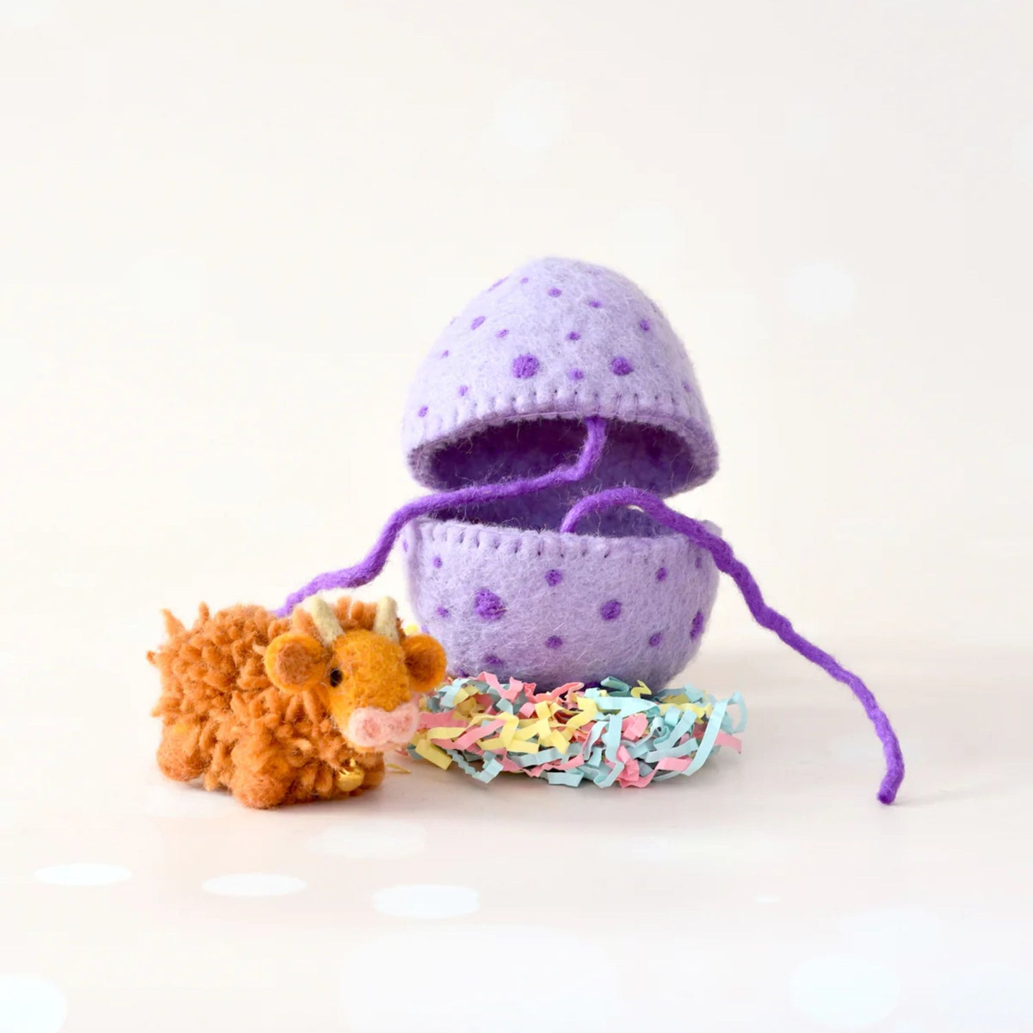 Felt Purple Surprise Egg with Light Brown Highland Cow