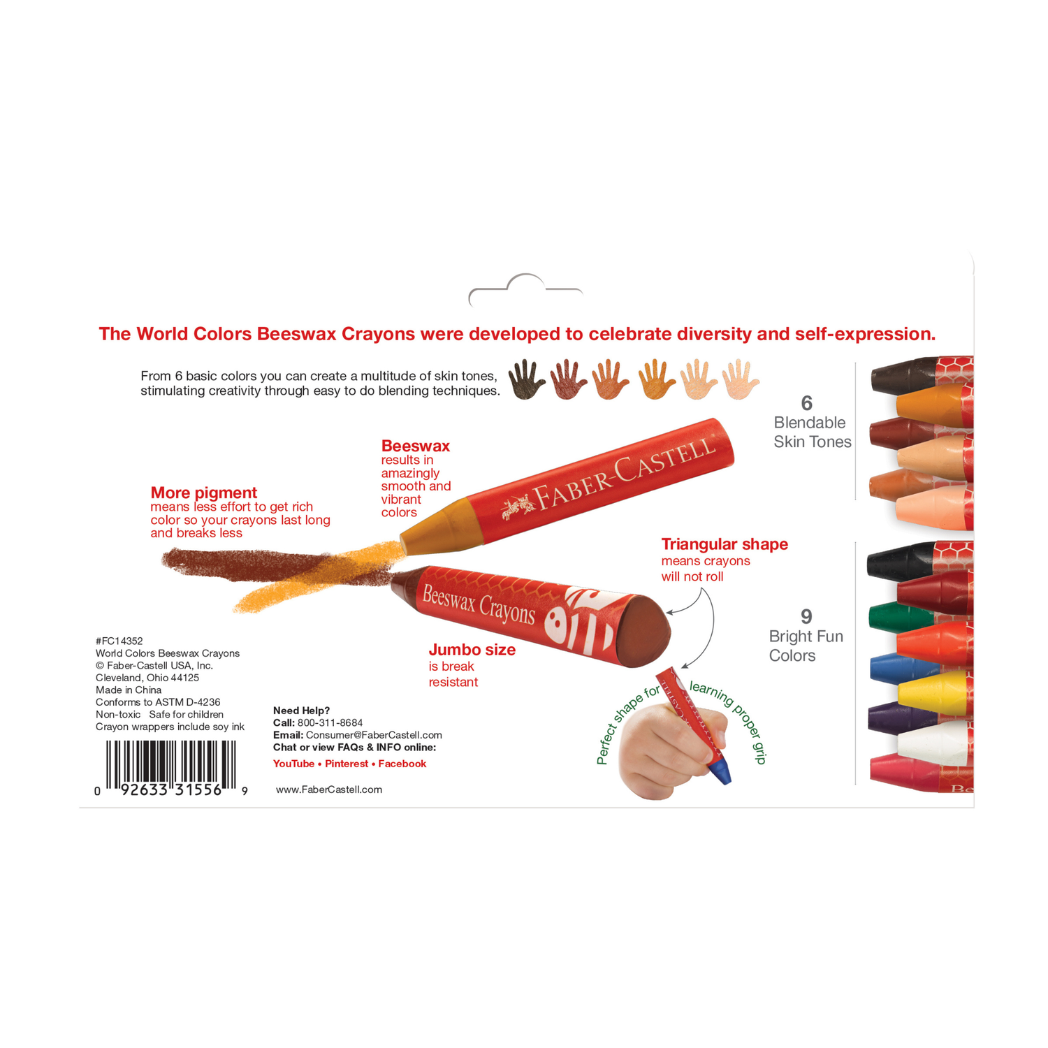 World Colours - 15 Beeswax Crayons with Skin Tones