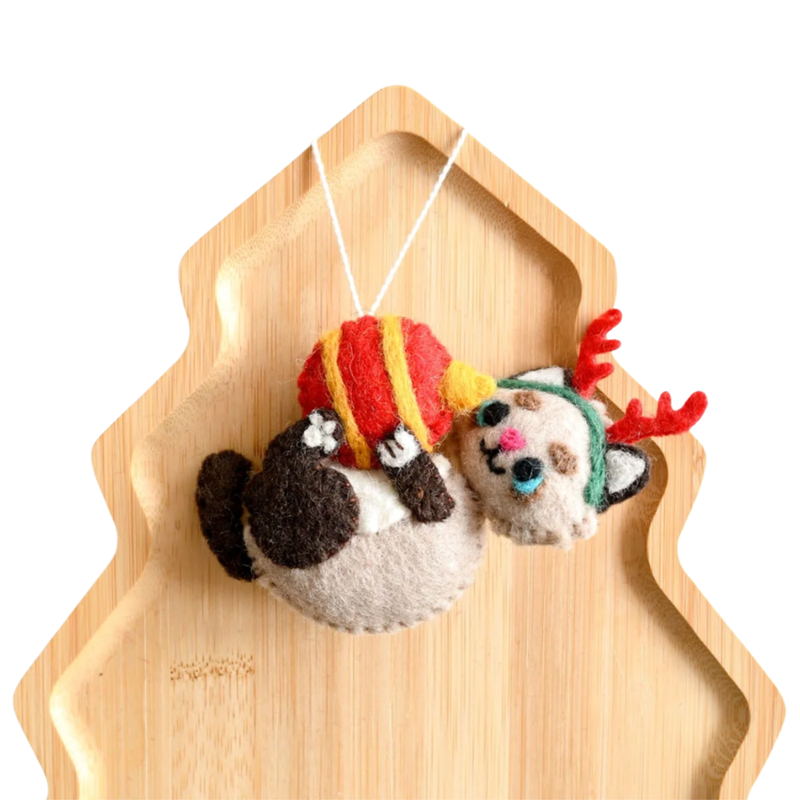 Felt Christmas Cat with Ball Ornament