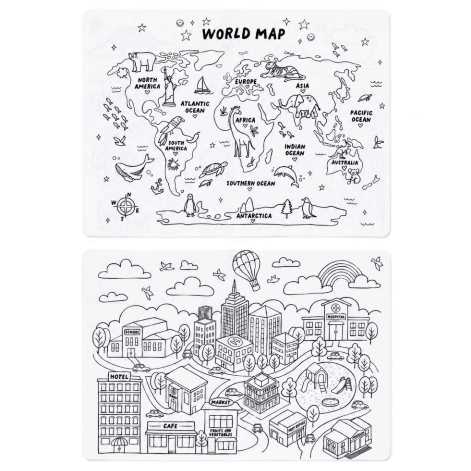 Magic Colouring Mat - Silicone Washable & Reversible Coloring Placemat and Markers Set (World Map)