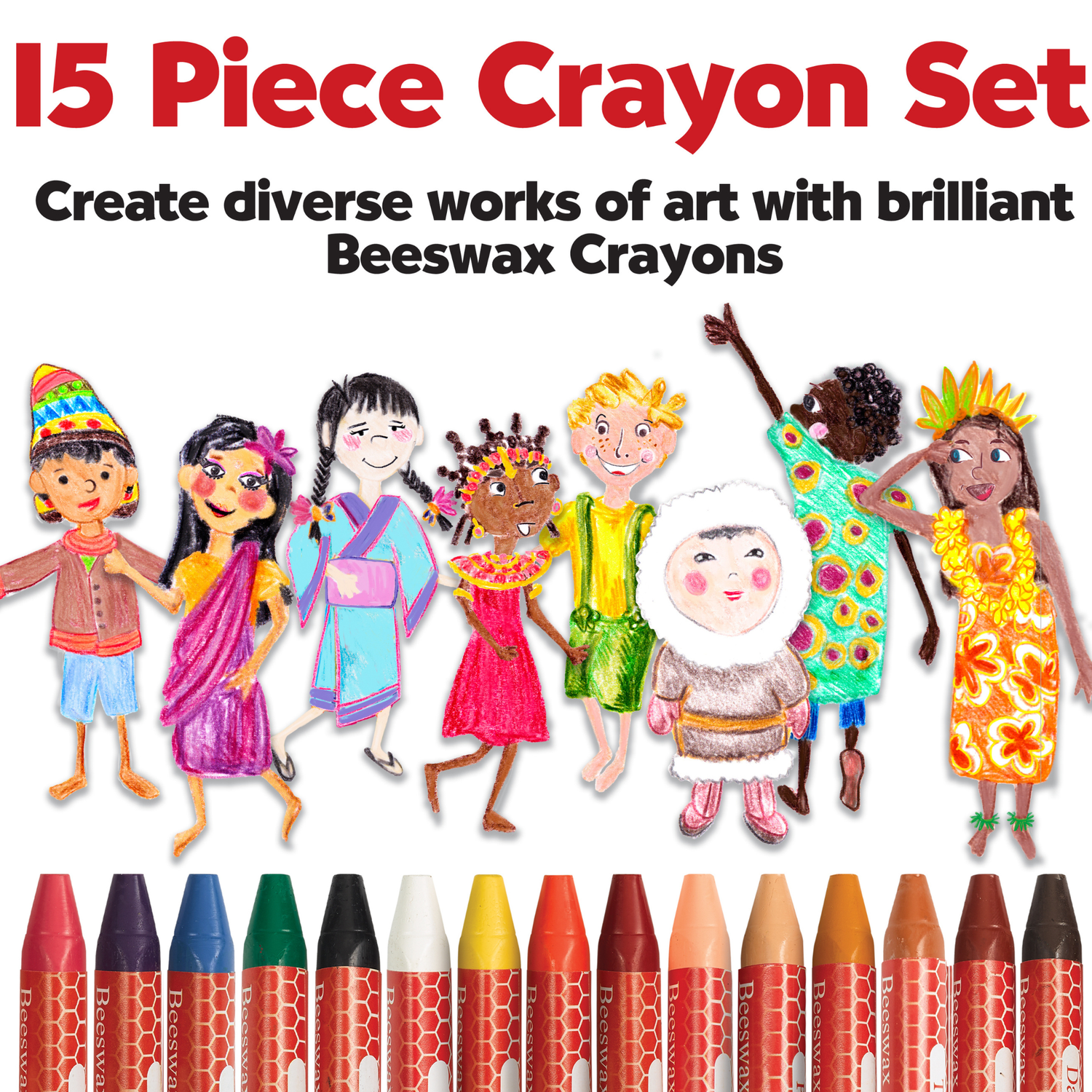 World Colours - 15 Beeswax Crayons with Skin Tones