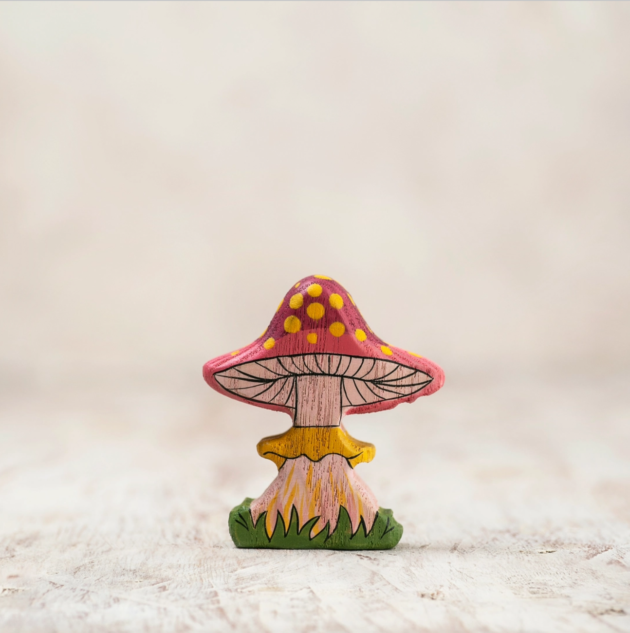 Wooden Caterpillar Enchanted Pink Fairy Mushroom Figure