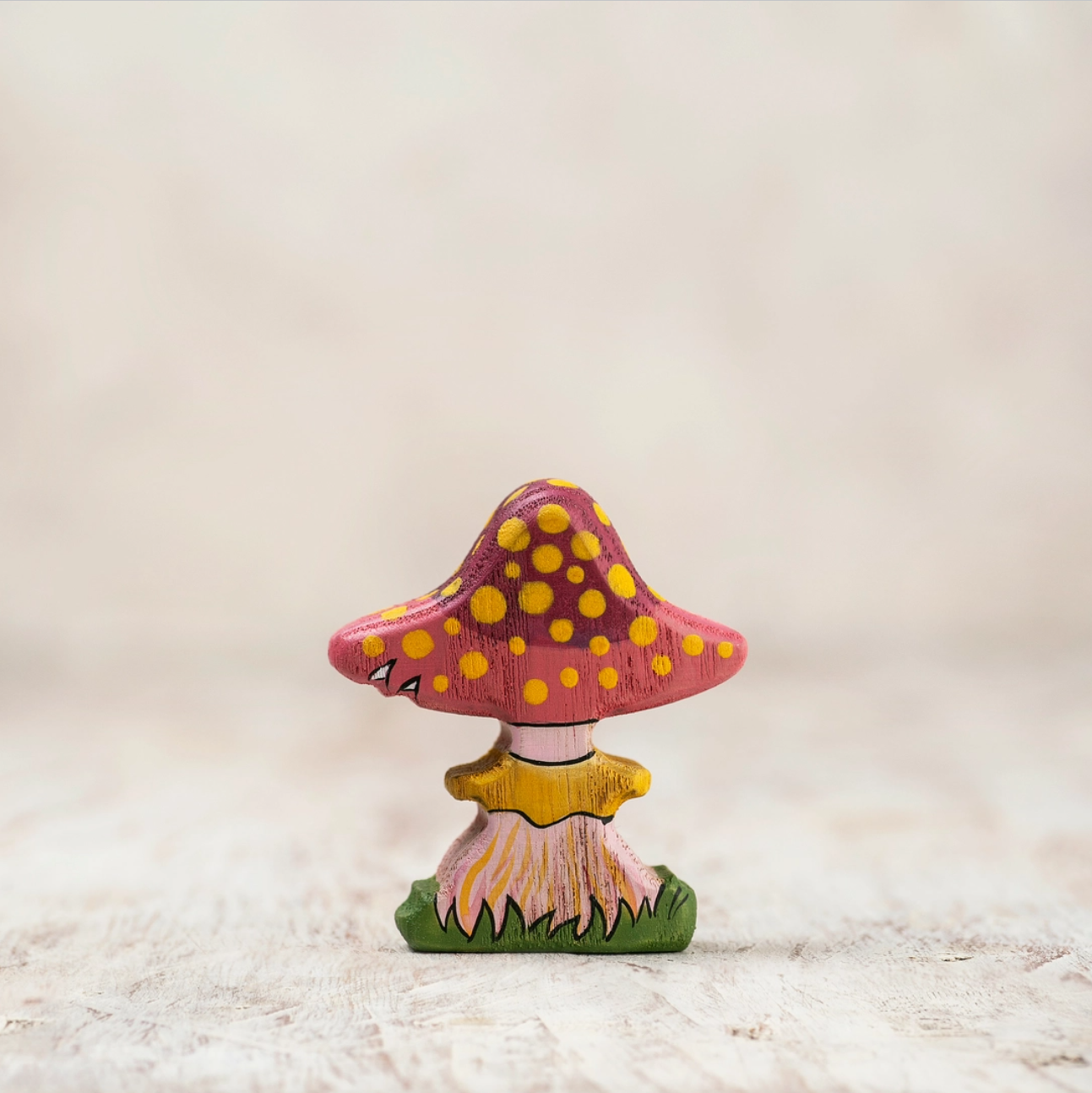Wooden Caterpillar Enchanted Pink Fairy Mushroom Figure