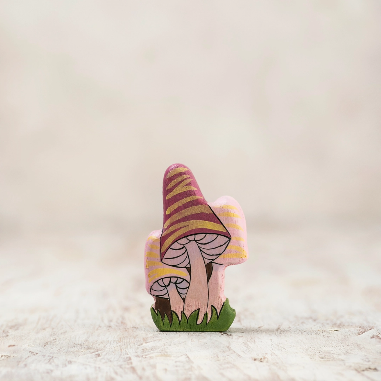 Wooden Caterpillar Whimsical Pink Fairy Mushrooms