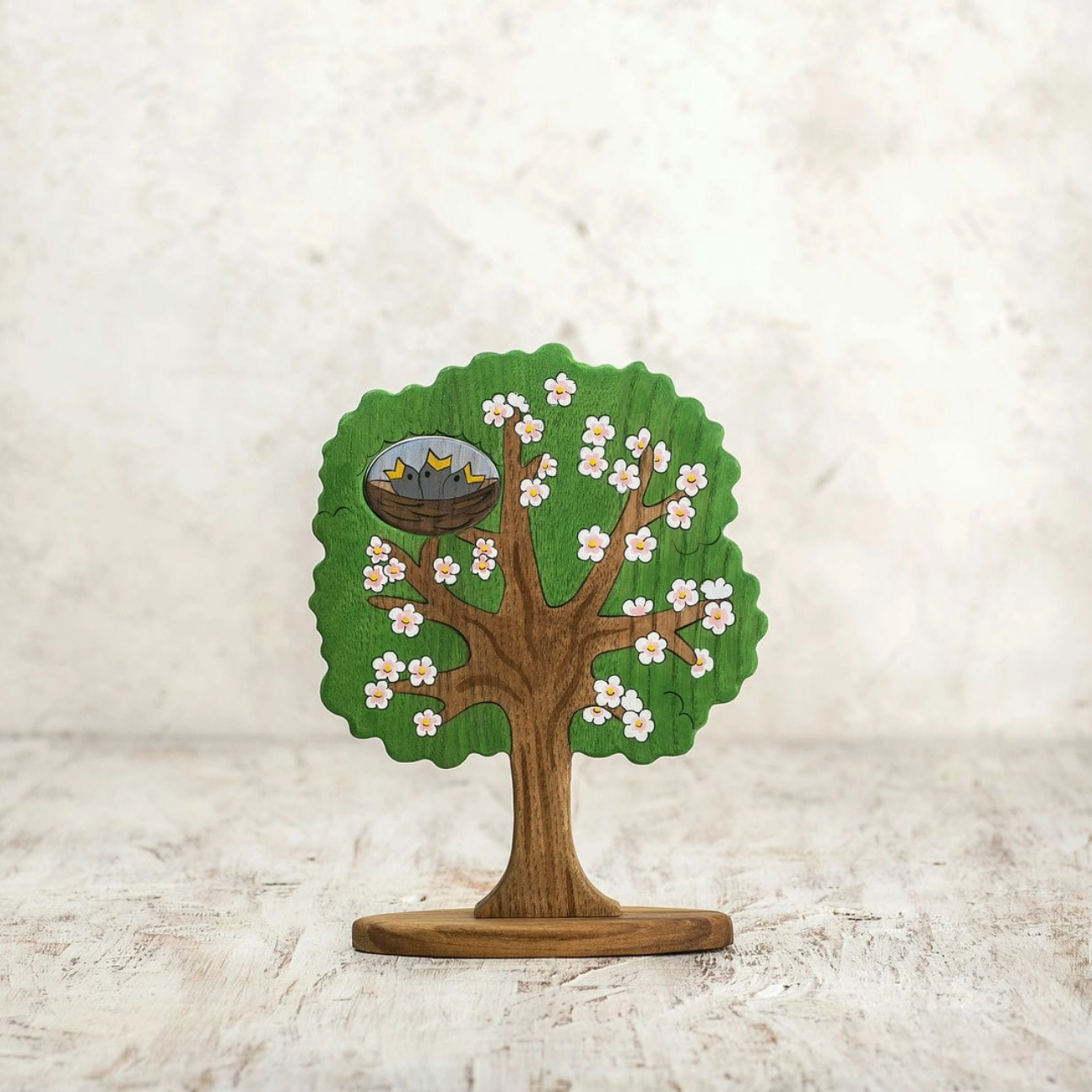 Wooden Caterpillar Spring Tree with Baby Birds and Flowers
