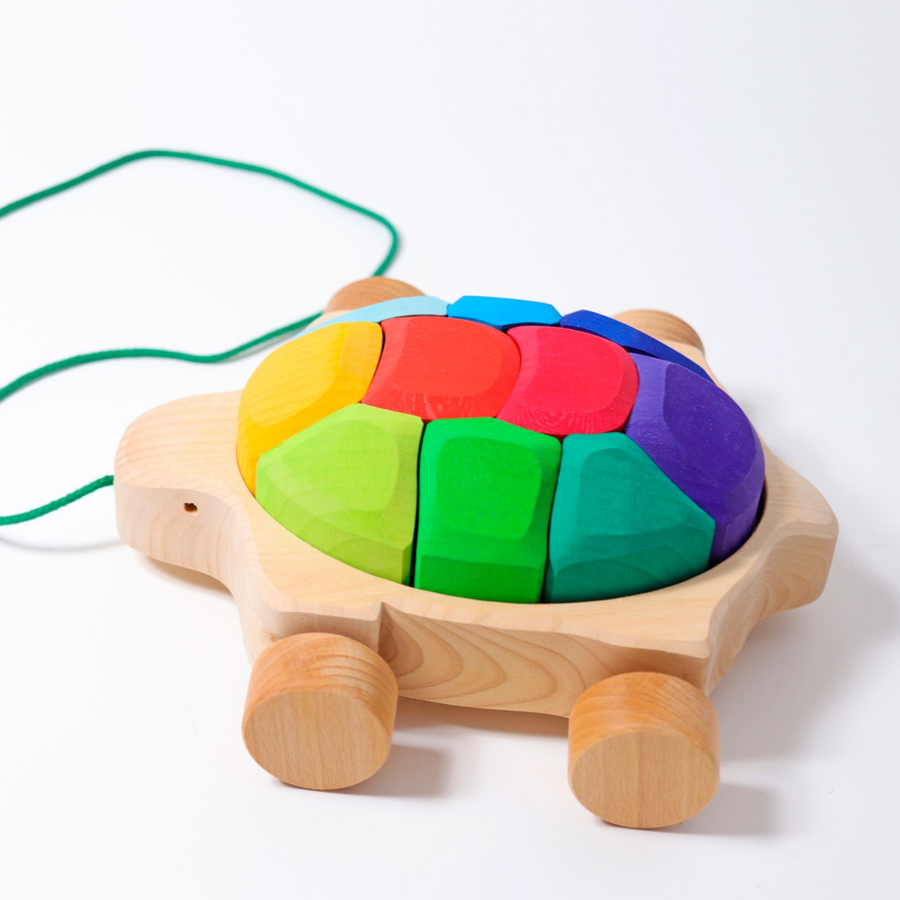 Grimm's Pull Along Turtle with Rainbow Building Blocks