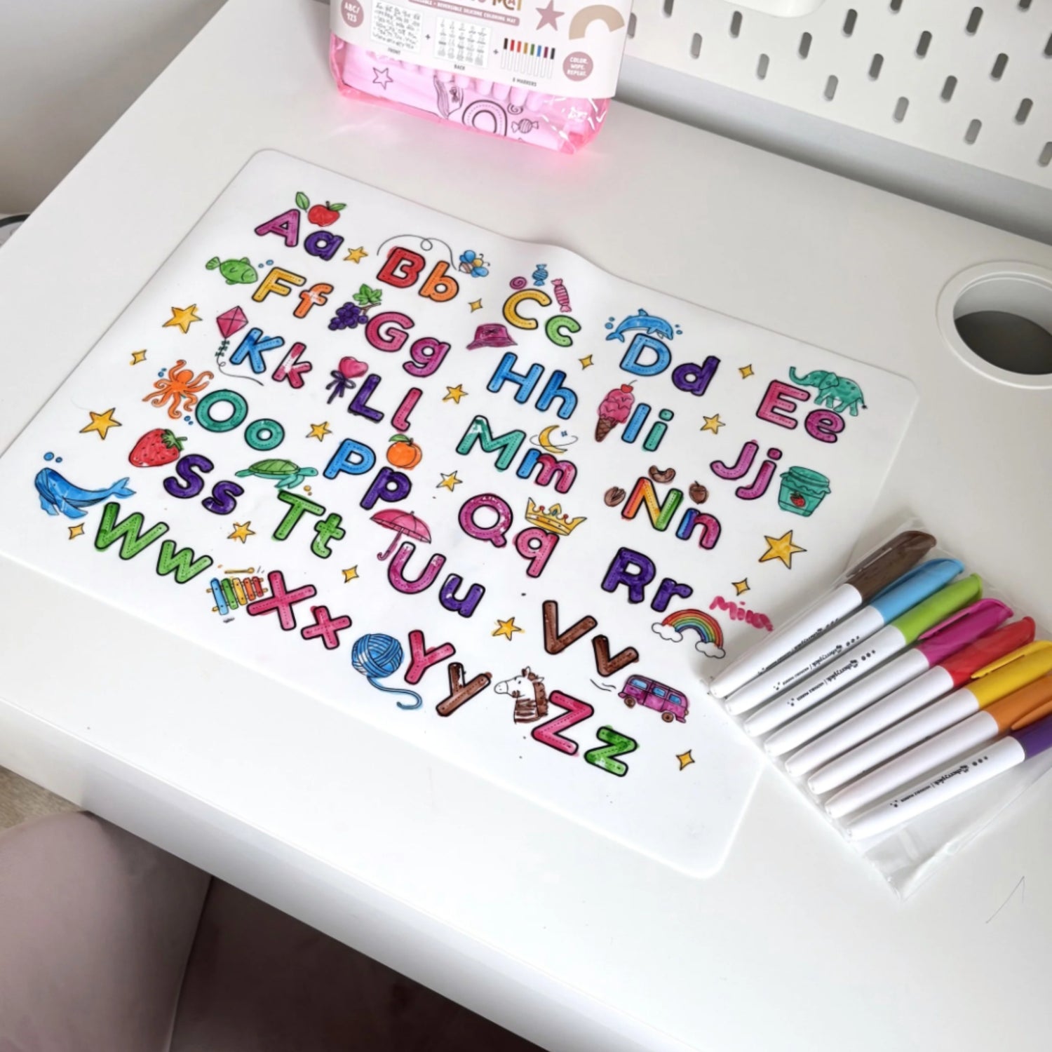 Magic Colouring Mat - Silicone Washable & Reversible Coloring Placemat and Markers Set (ABC/123)