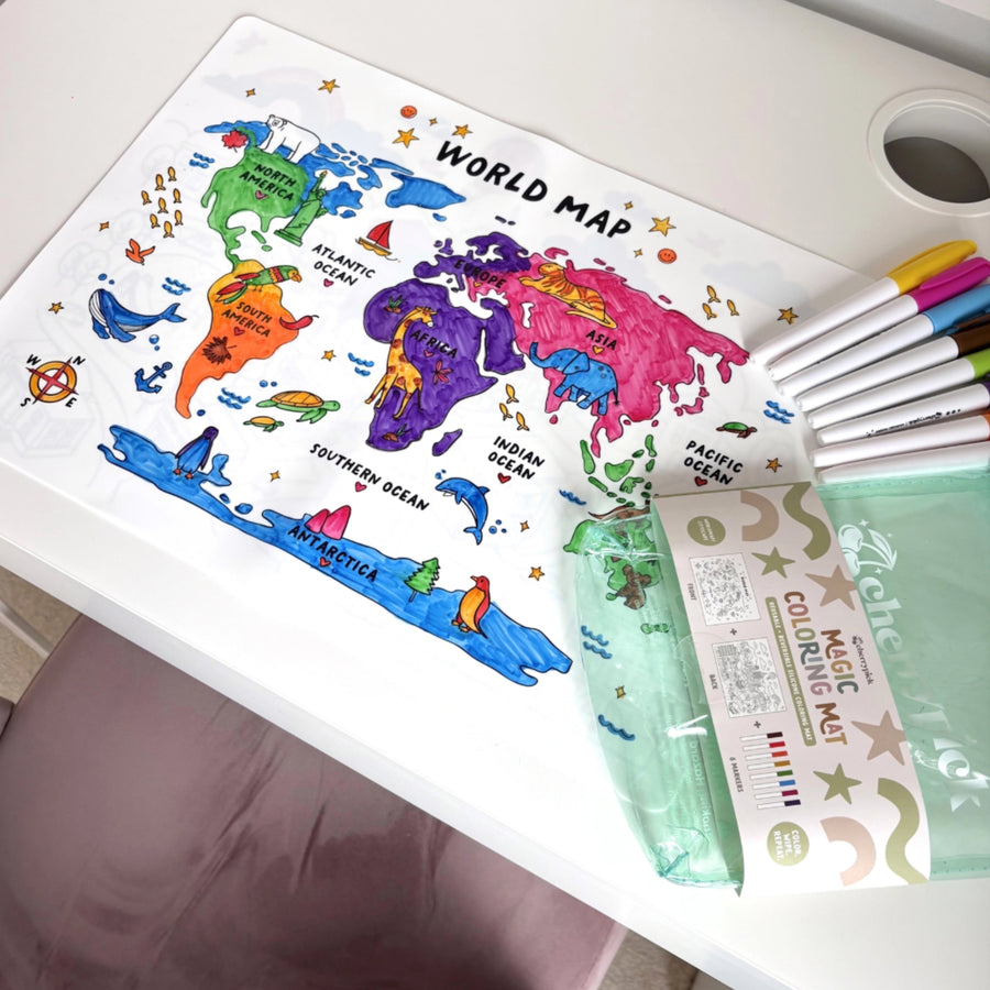 Magic Colouring Mat - Silicone Washable & Reversible Coloring Placemat and Markers Set (World Map)