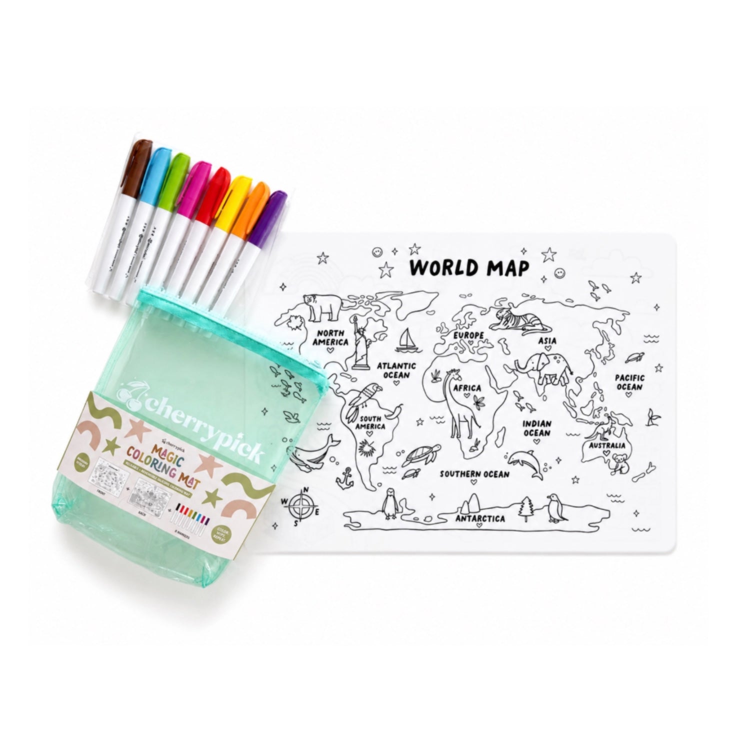 Magic Colouring Mat - Silicone Washable & Reversible Coloring Placemat and Markers Set (World Map)
