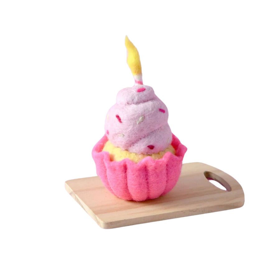 Felt Giant Pink Vanilla Cupcake with Candle | Play Food